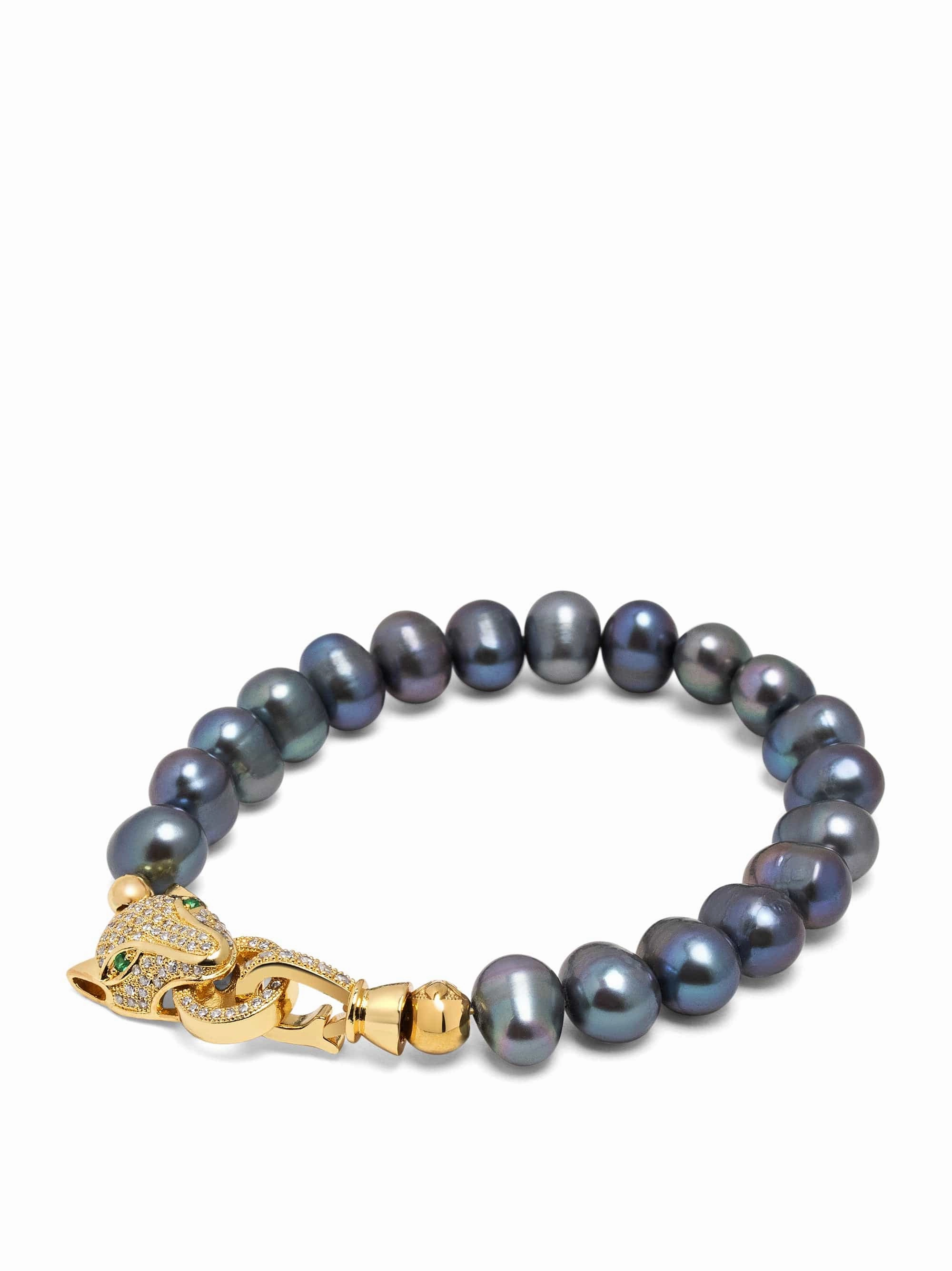Men's Black Pearl Bracelet with Gold Panther