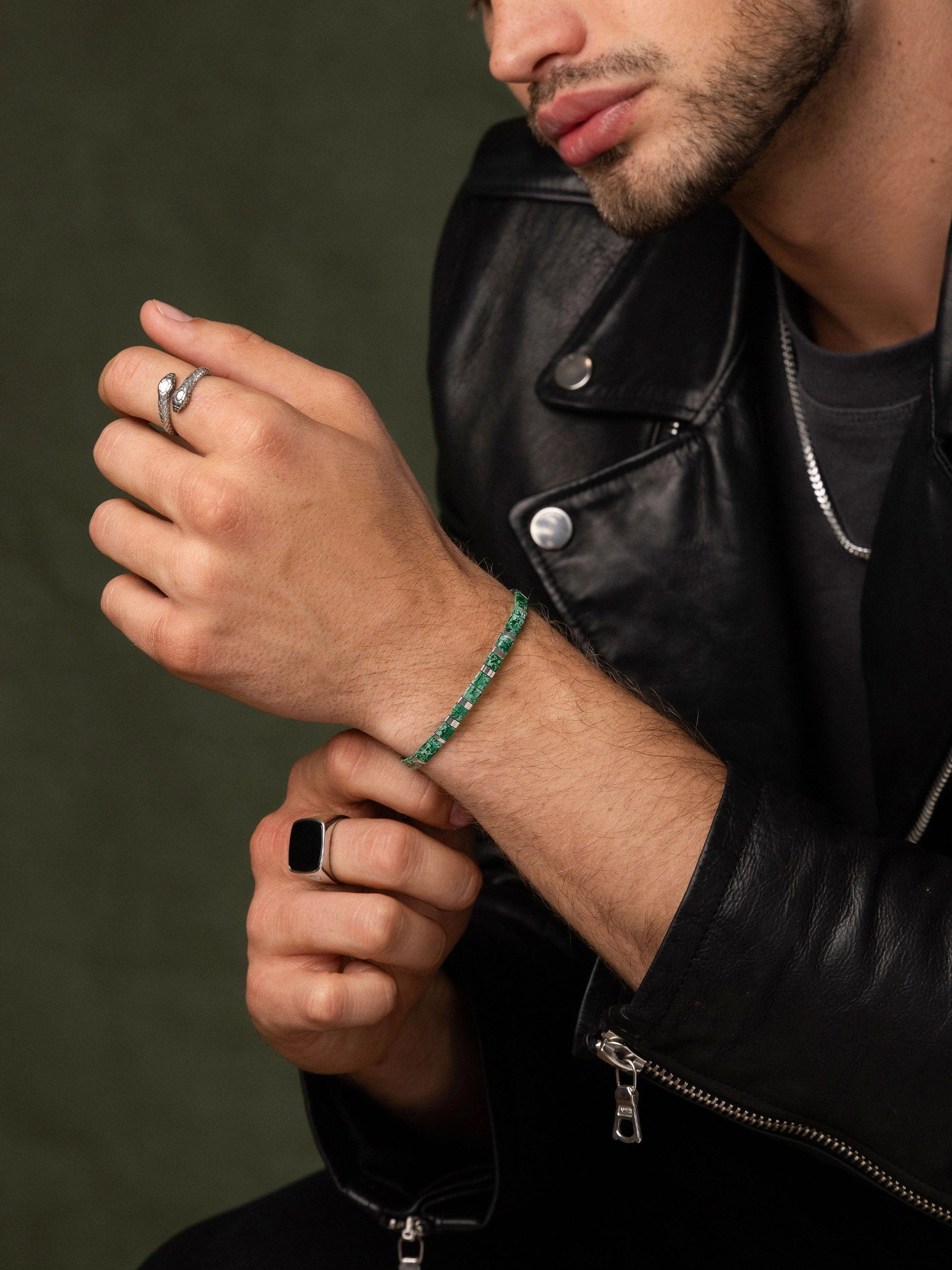 Men's Bracelet with Marbled Green and Silver Miyuki Tila Beads