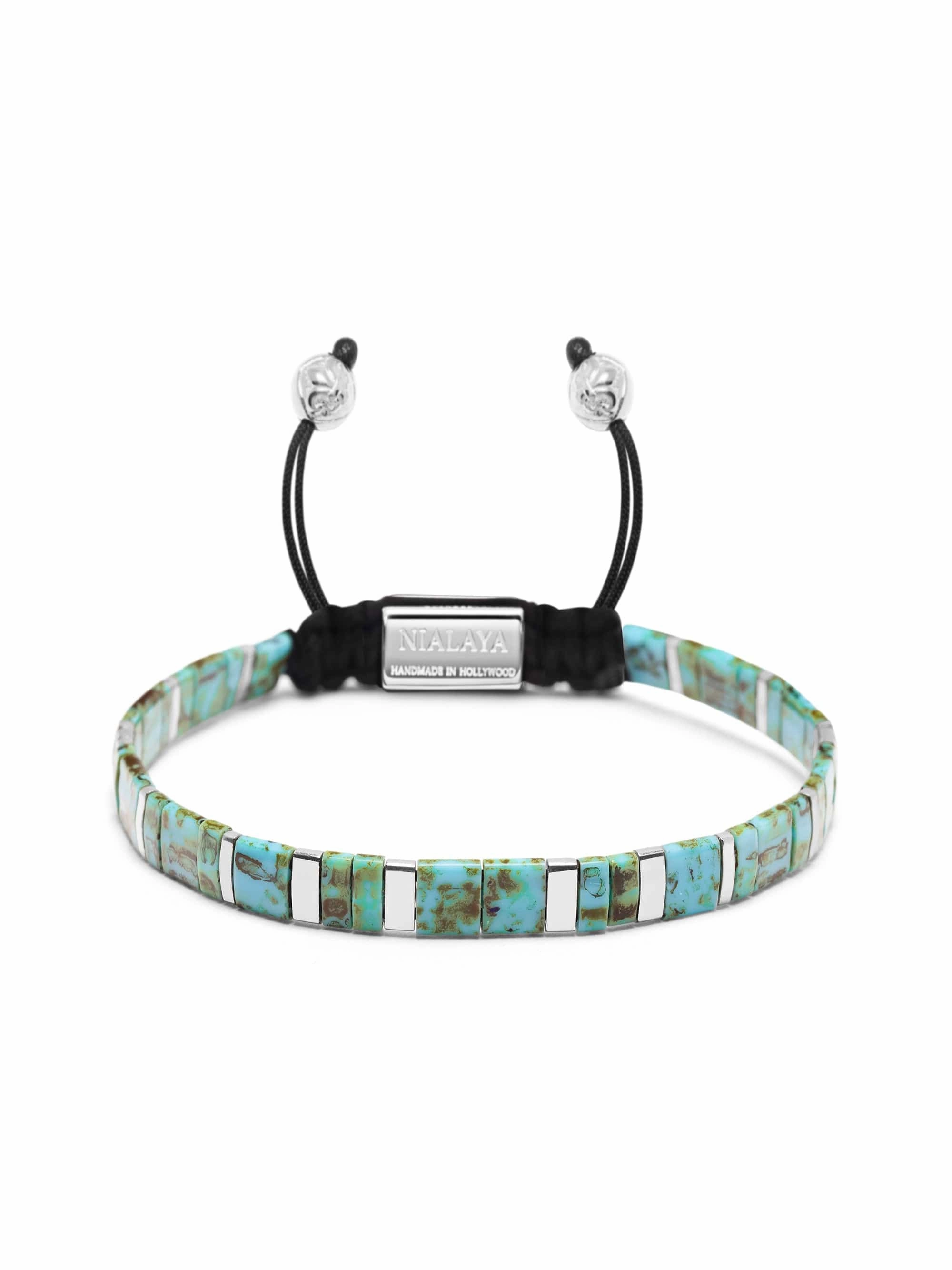 Men's Bracelet with Marbled Turquoise and Silver Miyuki Tila Beads