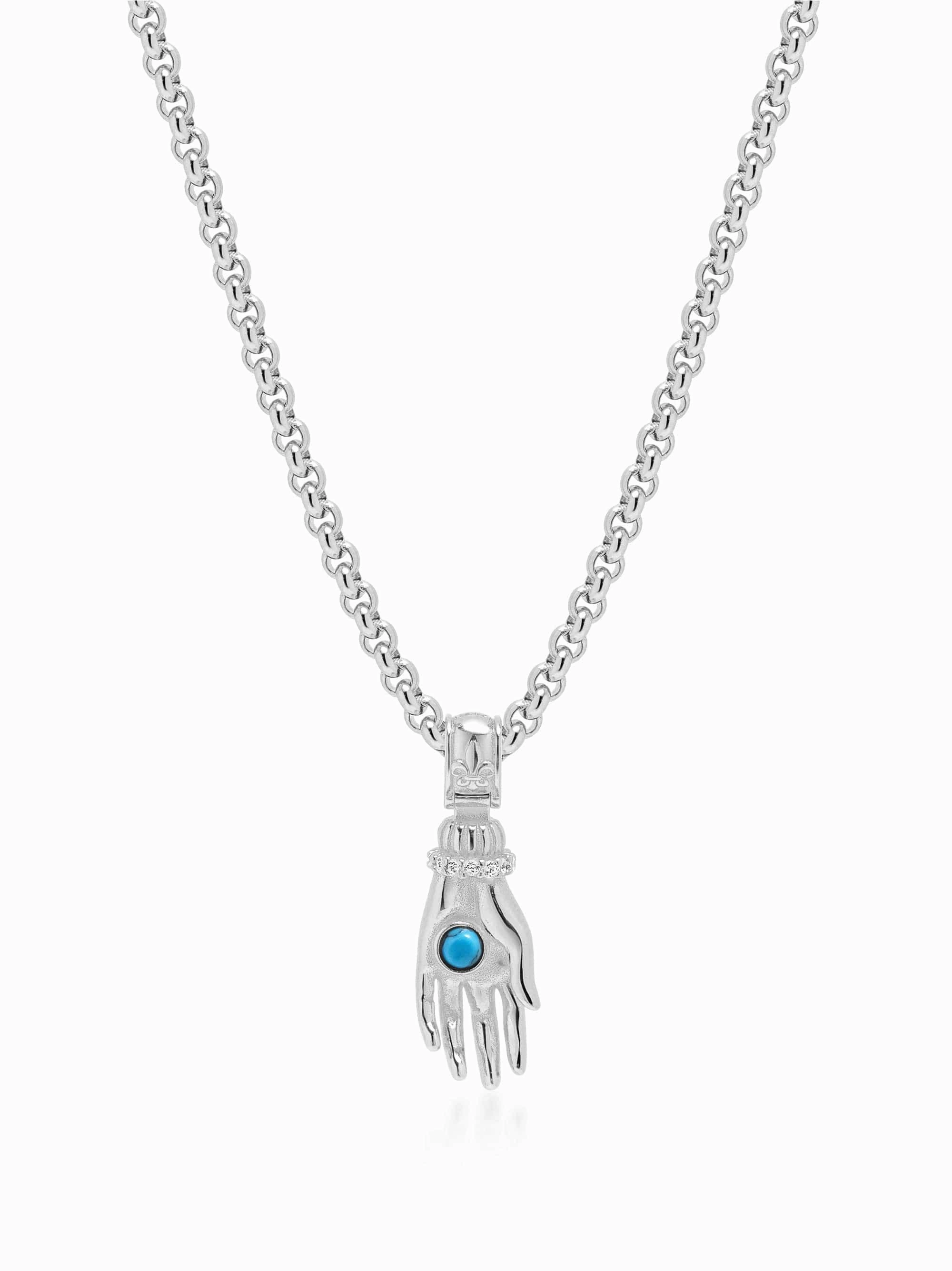 Men's Hand Pendant with a Small Turquoise Gemstone in Silver