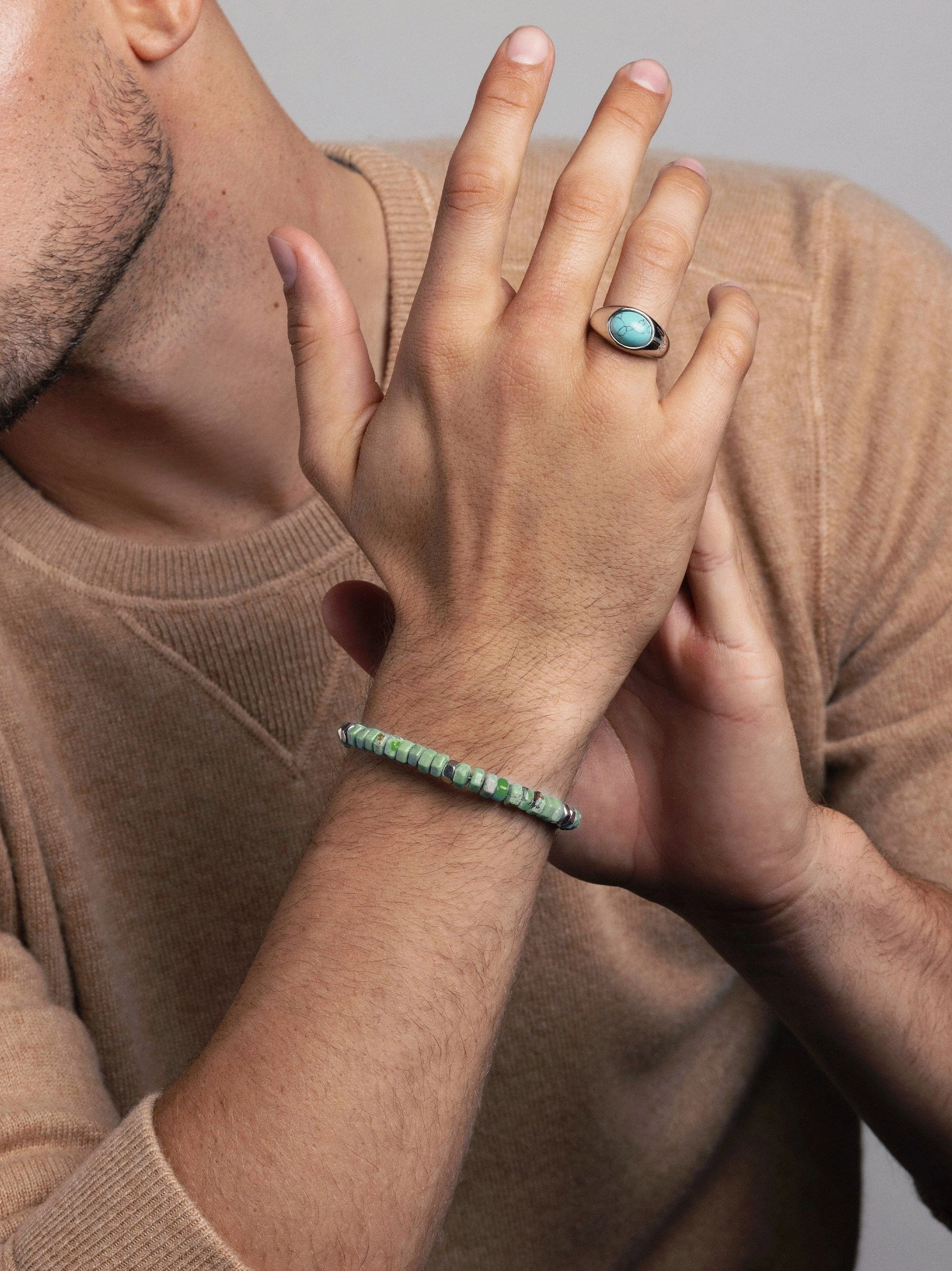 Men's Hexagon Beaded Bracelet with Green Turquoise and Silver