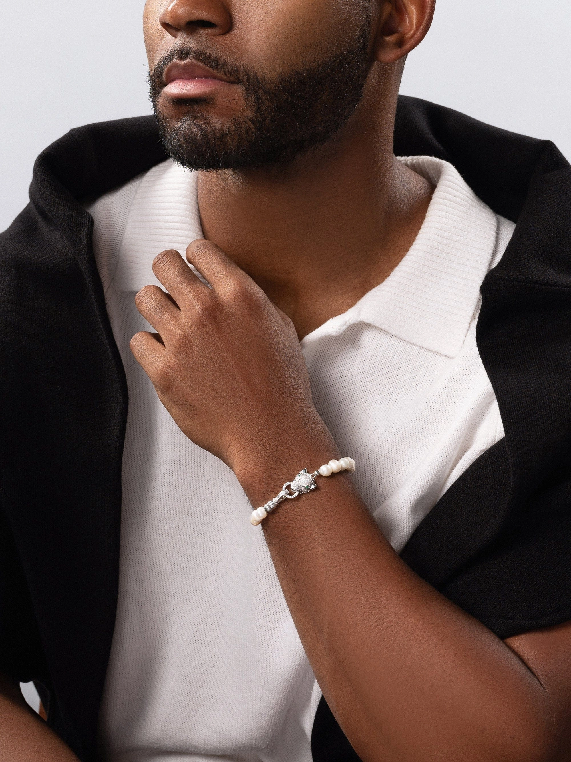 Men's Pearl Bracelet with Silver Panther