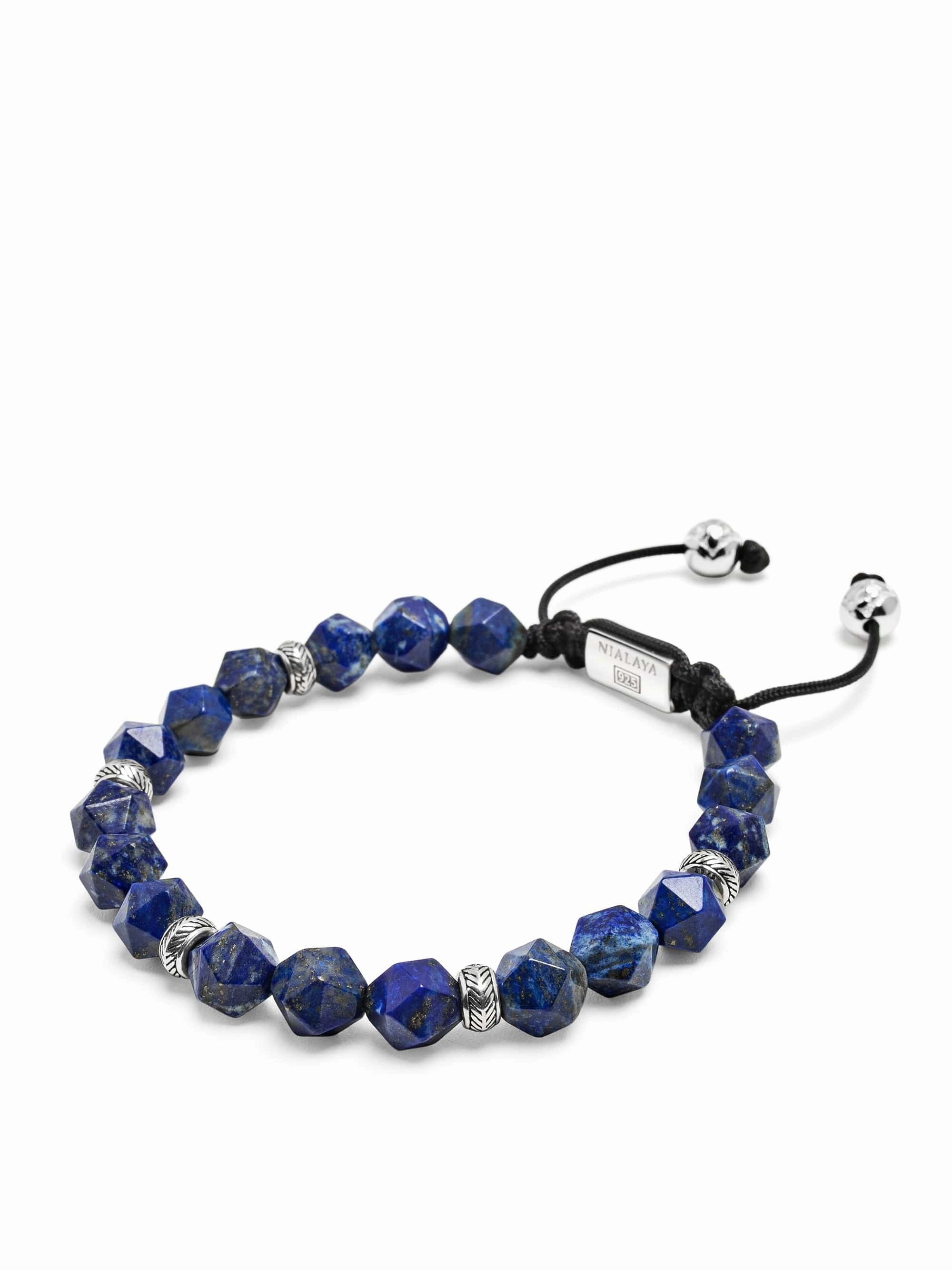 Men's Sterling Silver Faceted Beaded Bracelet with Lapis Lazuli