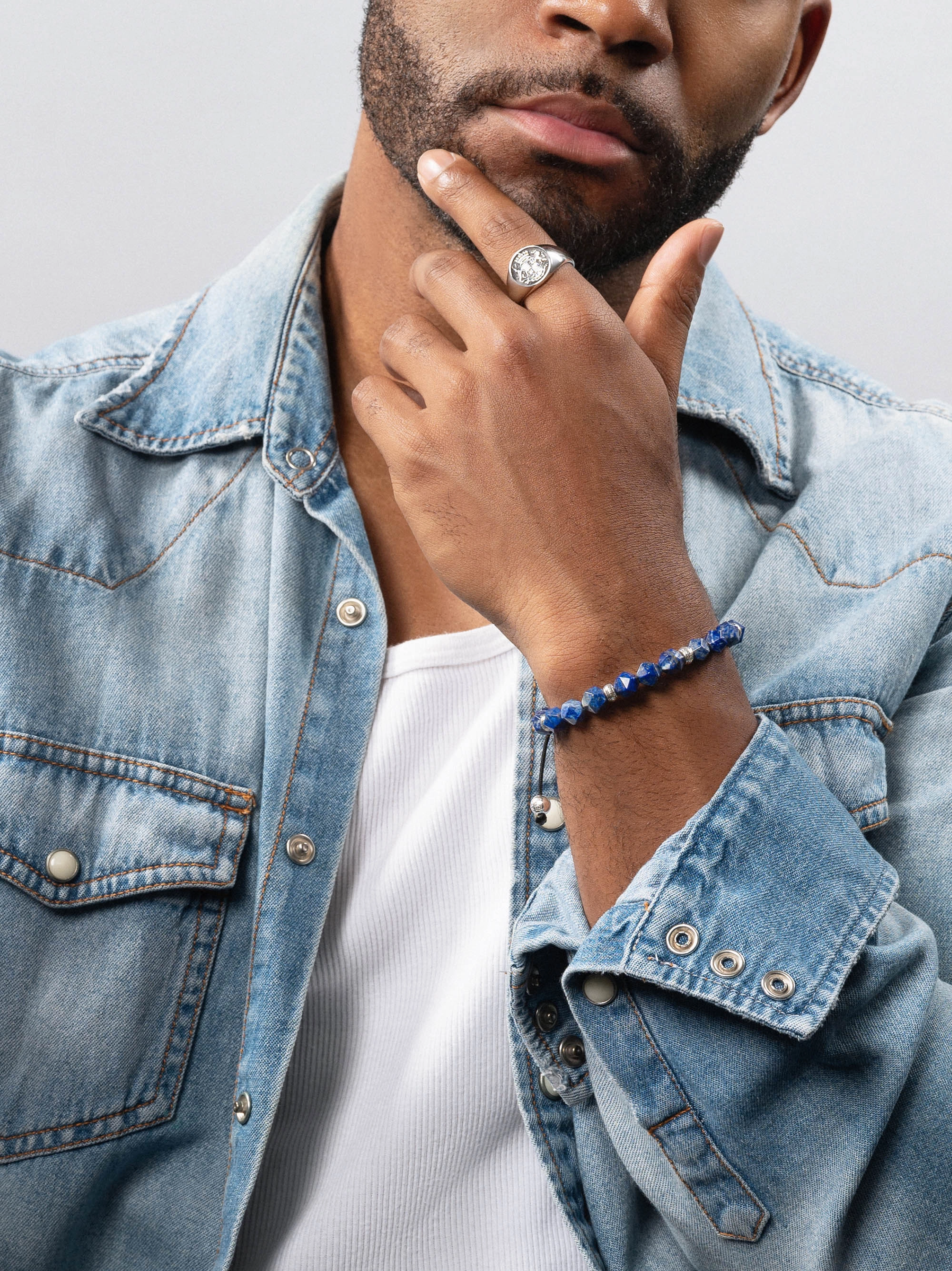 Men's Sterling Silver Faceted Beaded Bracelet with Lapis Lazuli