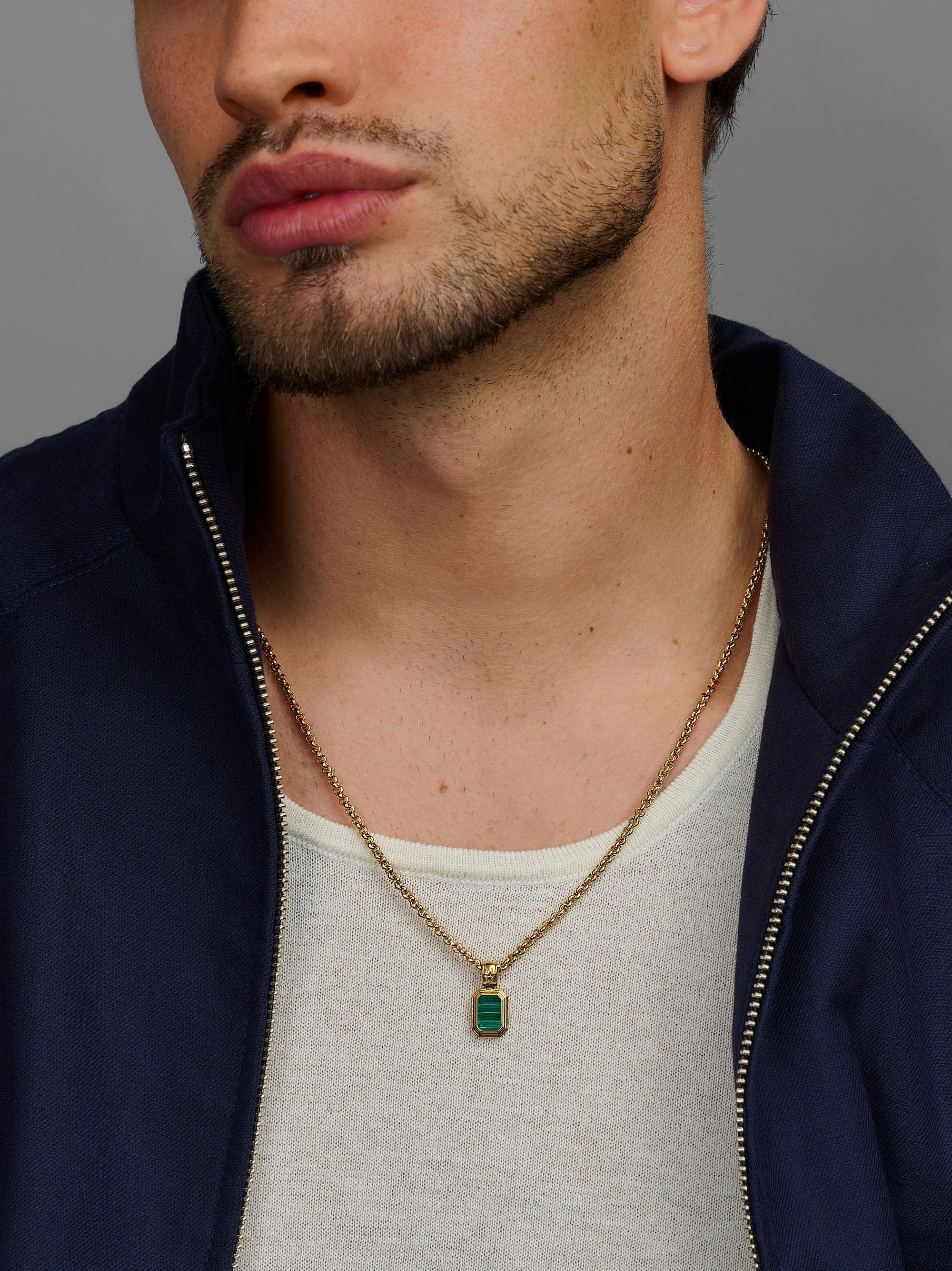 Men's Sterling Silver Necklace with Two-in-One Malachite & Black Onyx Pendant