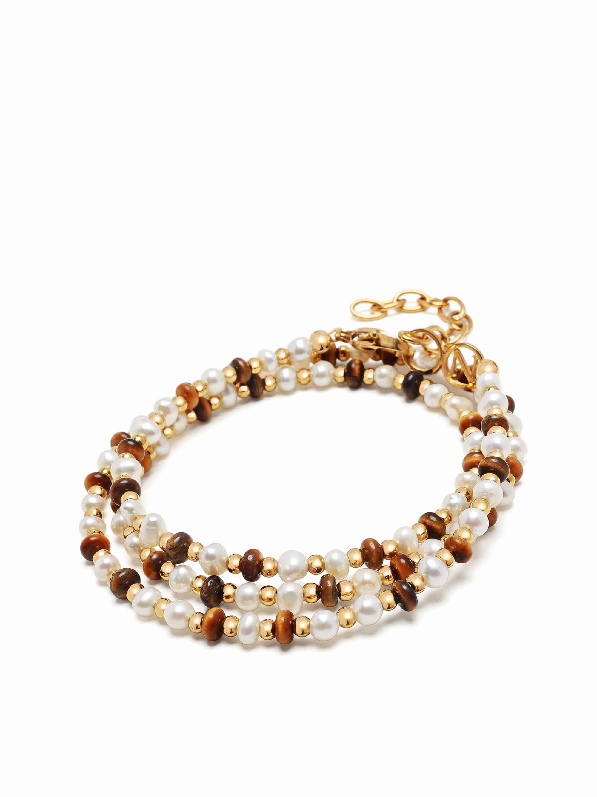 Men's Wrap Bracelet with White Pearls, Brown Tiger Eye, and Gold
