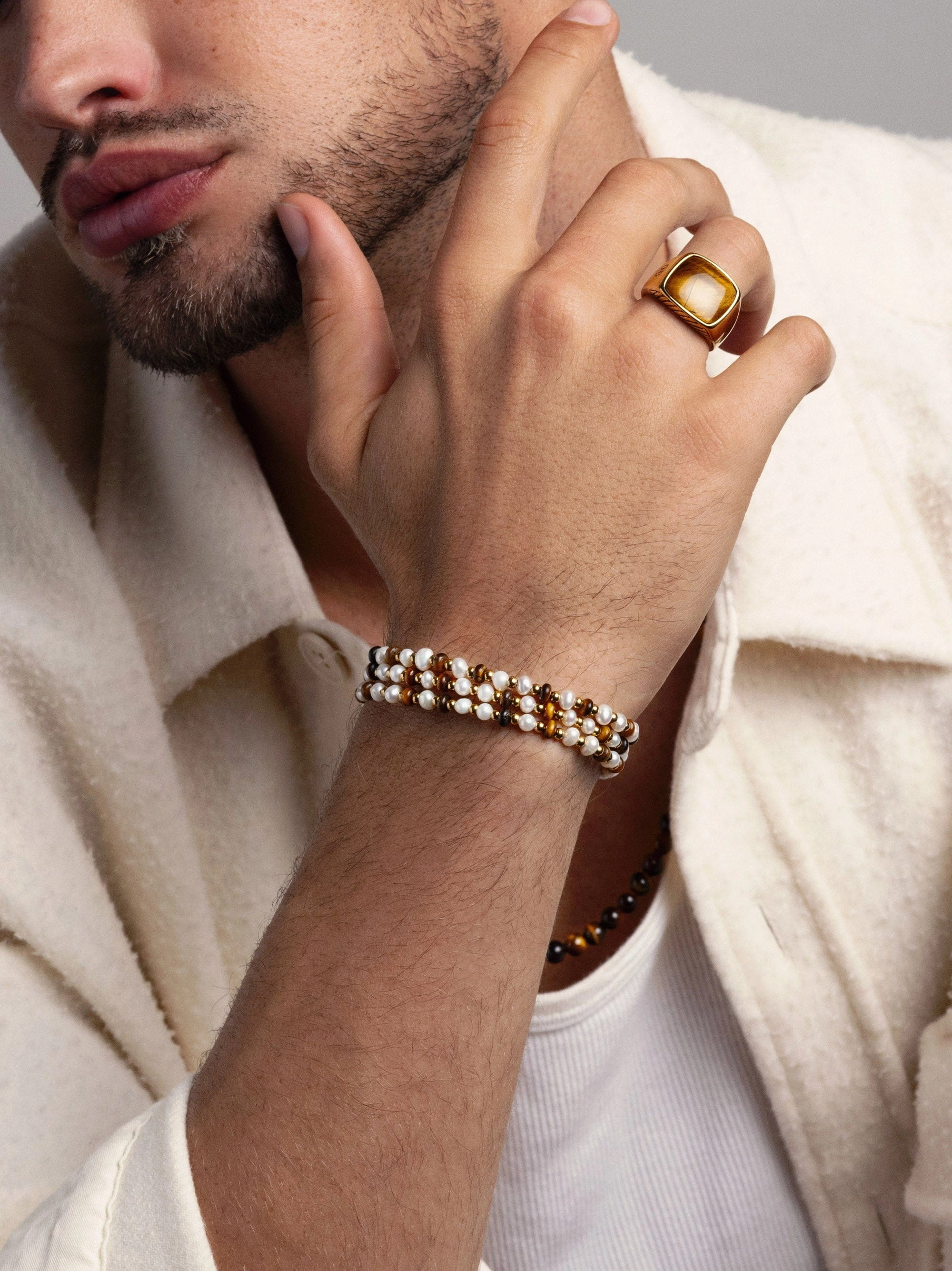 Men's Wrap Bracelet with White Pearls, Brown Tiger Eye, and Gold