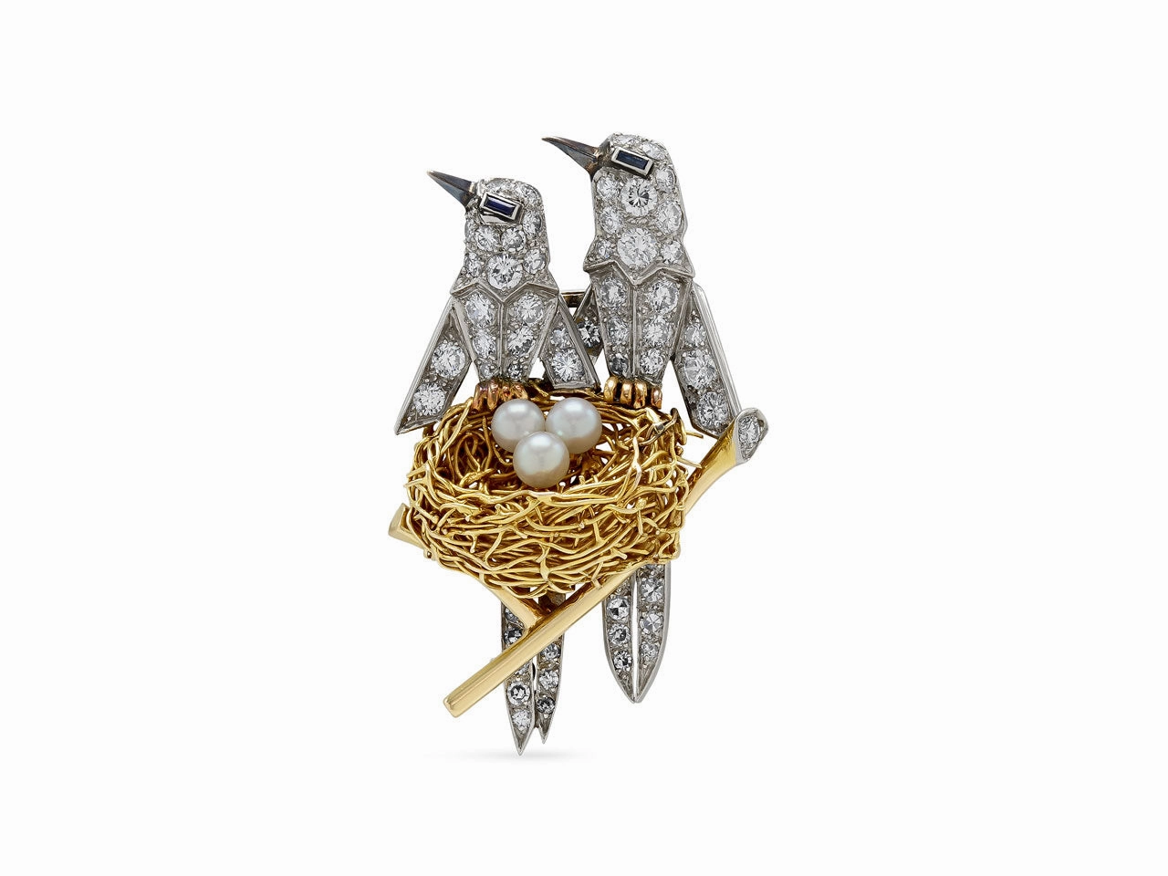 Mid-Century Diamond, Pearl and Sapphire Bird's Nest Brooch in Platinum and 18K Gold