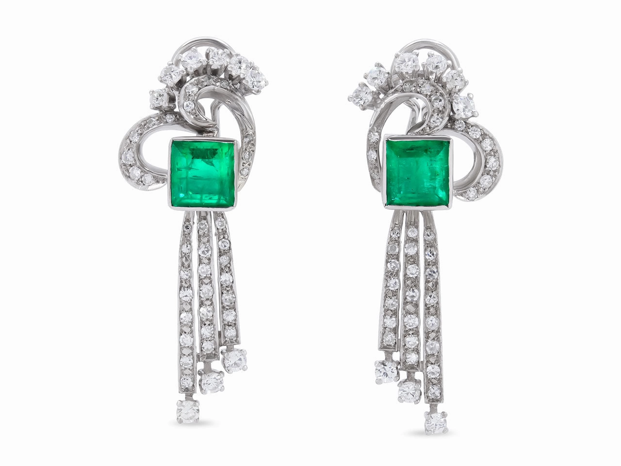 Mid-Century Emerald and Diamond Earrings in 18K White Gold