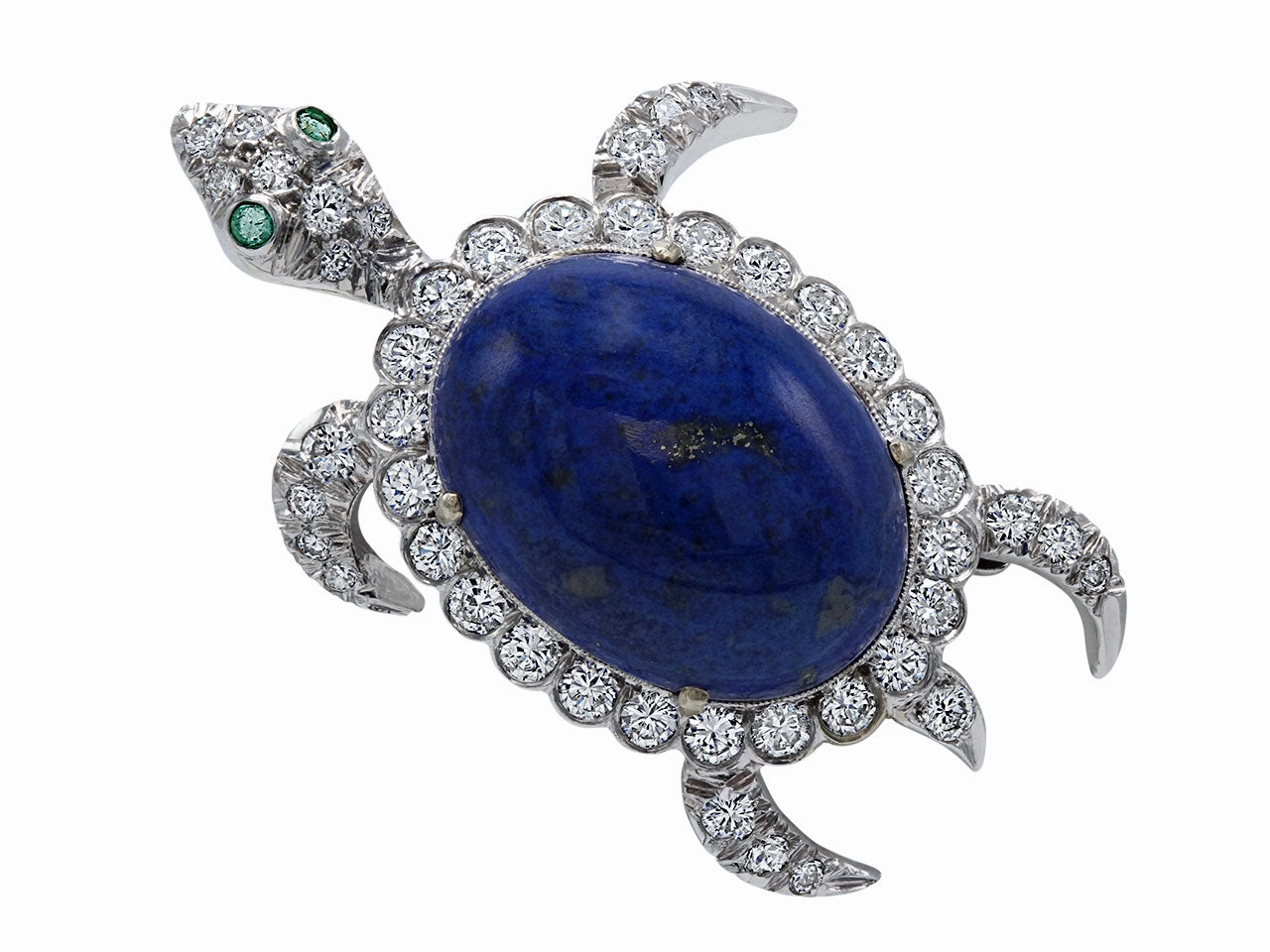 Mid-Century Lapis Turtle Brooch with Diamonds in 14K White Gold