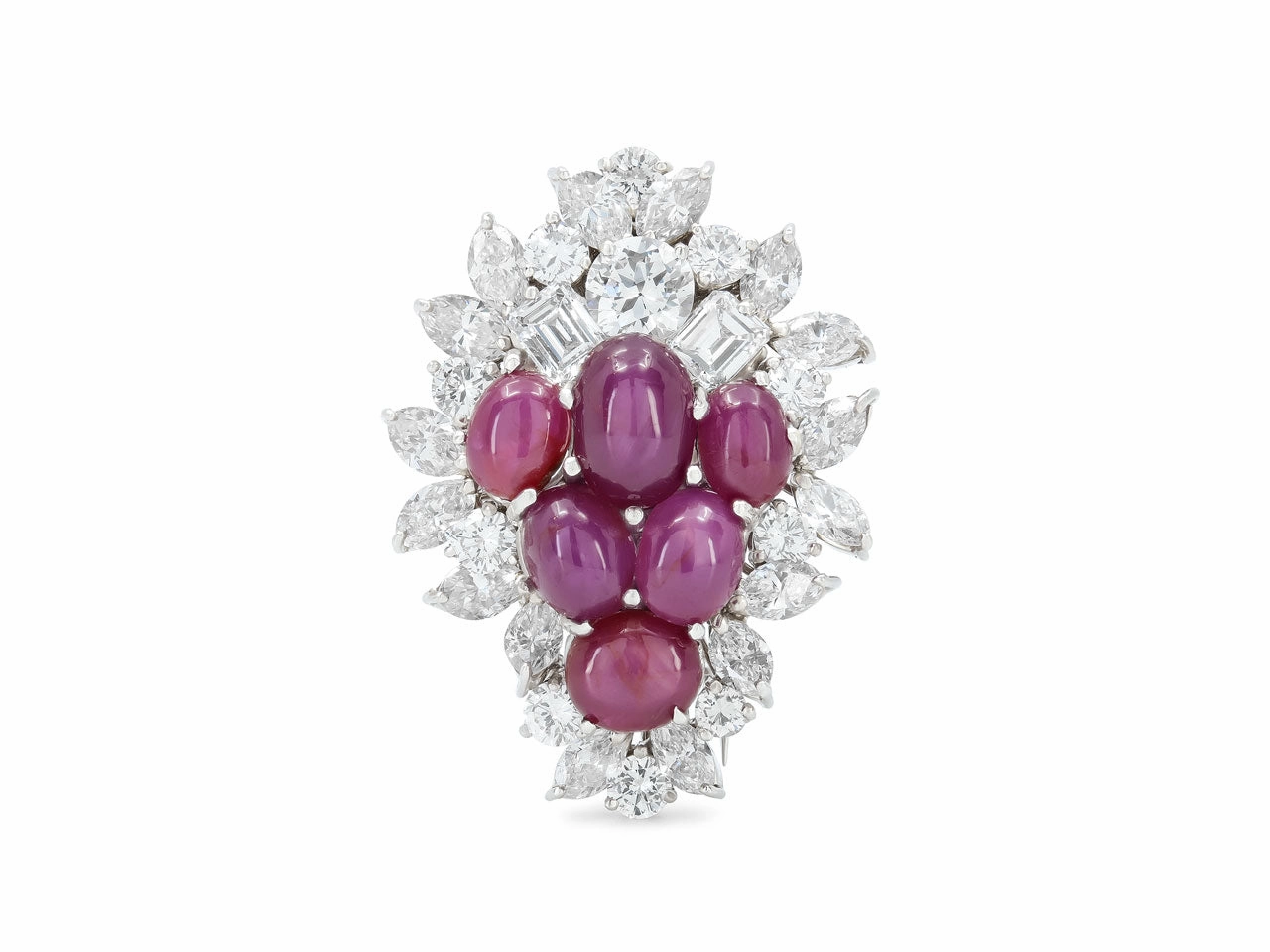 Mid-Century Star Ruby and Diamond Brooch in Platinum