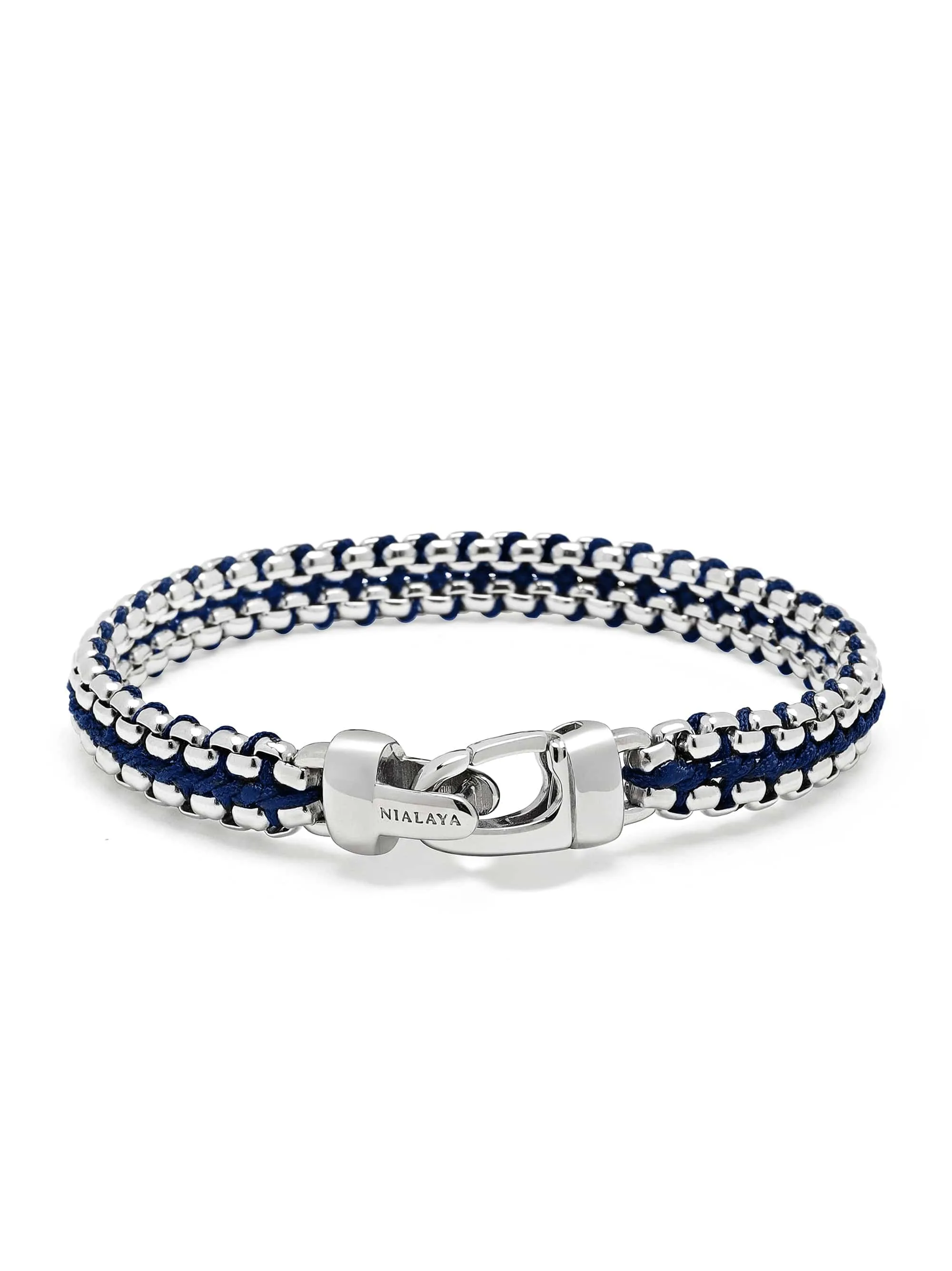 Navy Woven Box Chain Bracelet in Silver