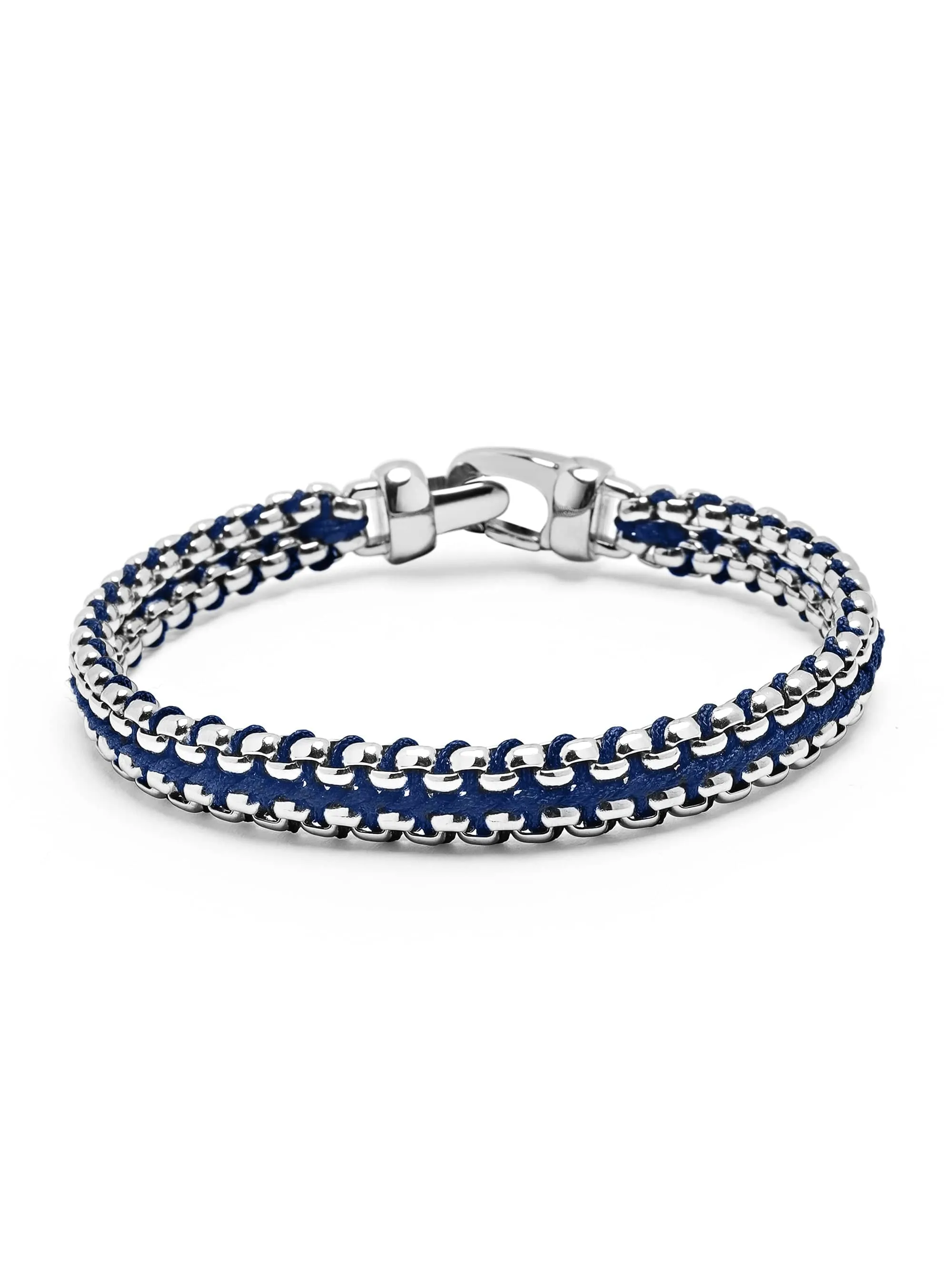 Navy Woven Box Chain Bracelet in Silver