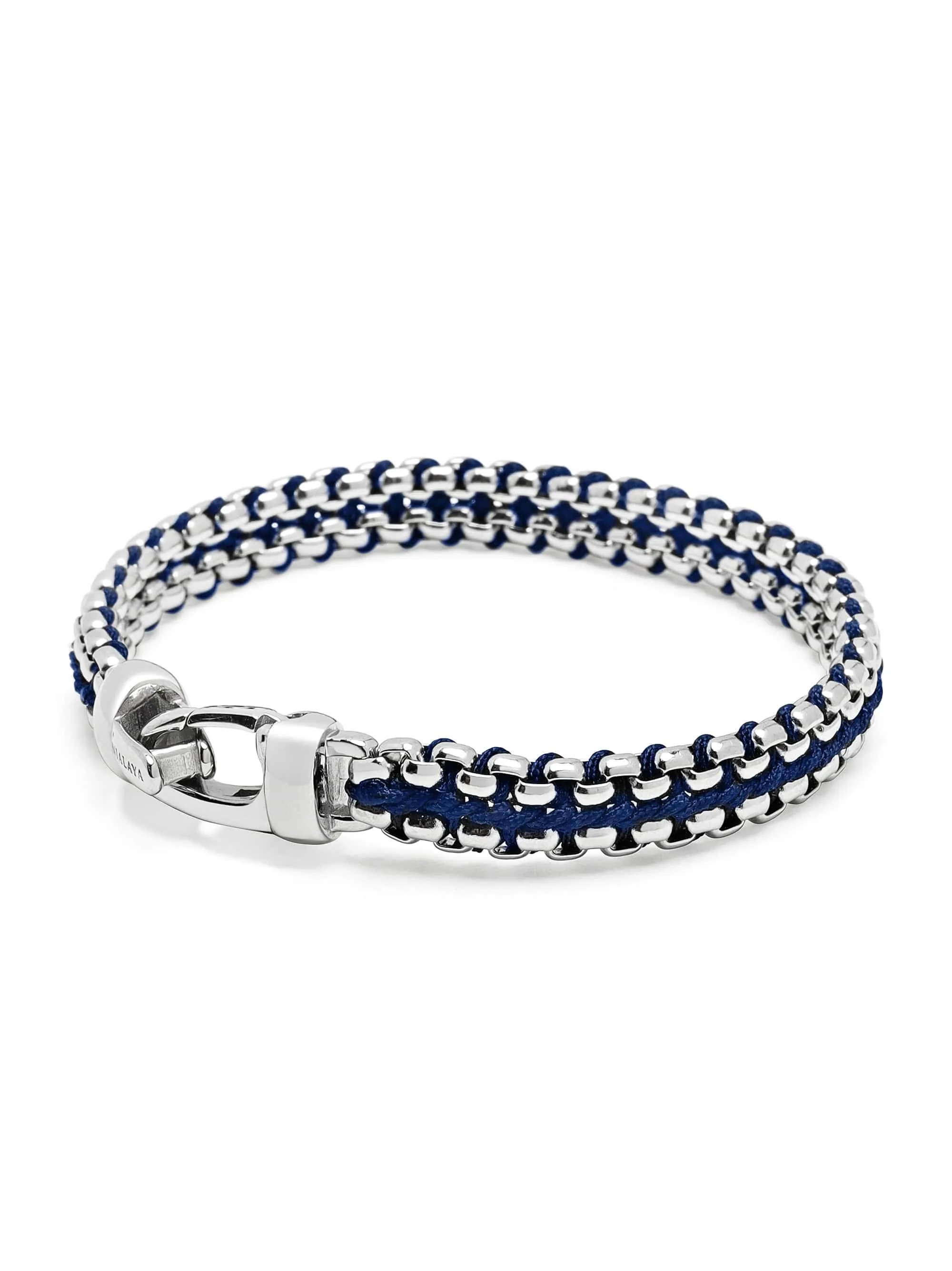 Navy Woven Box Chain Bracelet in Silver