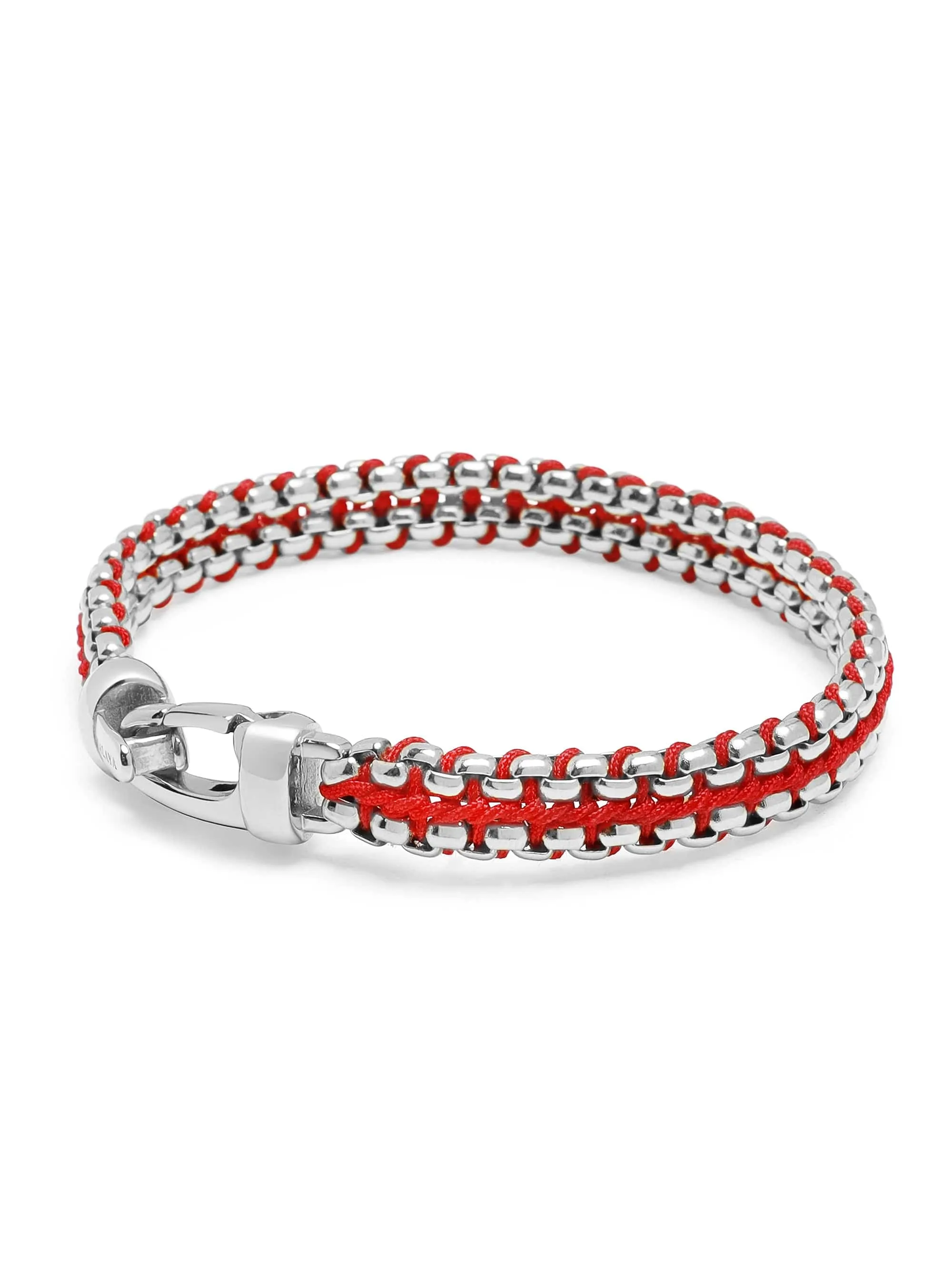 Red Woven Box Chain Bracelet in Silver
