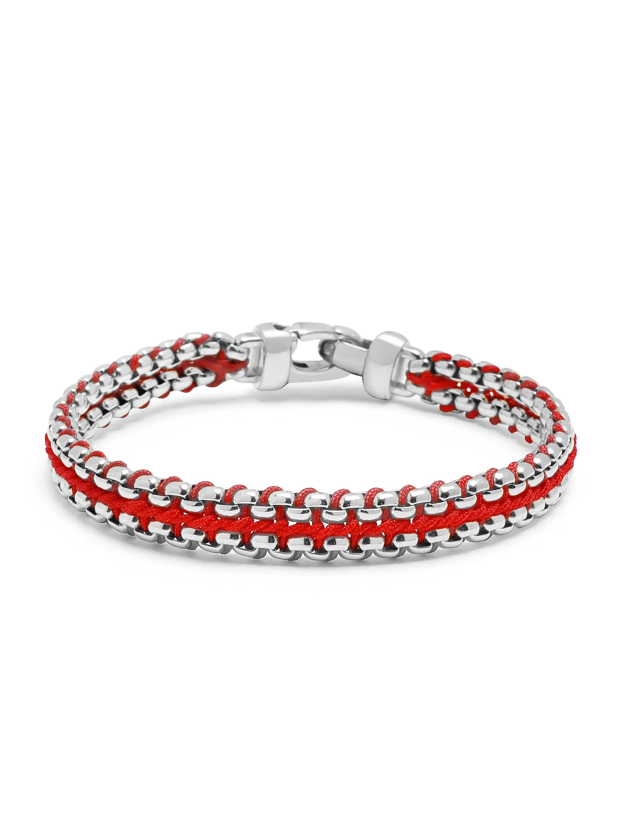 Red Woven Box Chain Bracelet in Silver