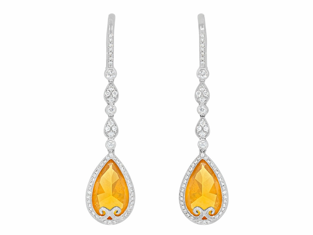 Rhonda Faber Green Orange Opal and Diamond Drop Earrings in 18K White Gold