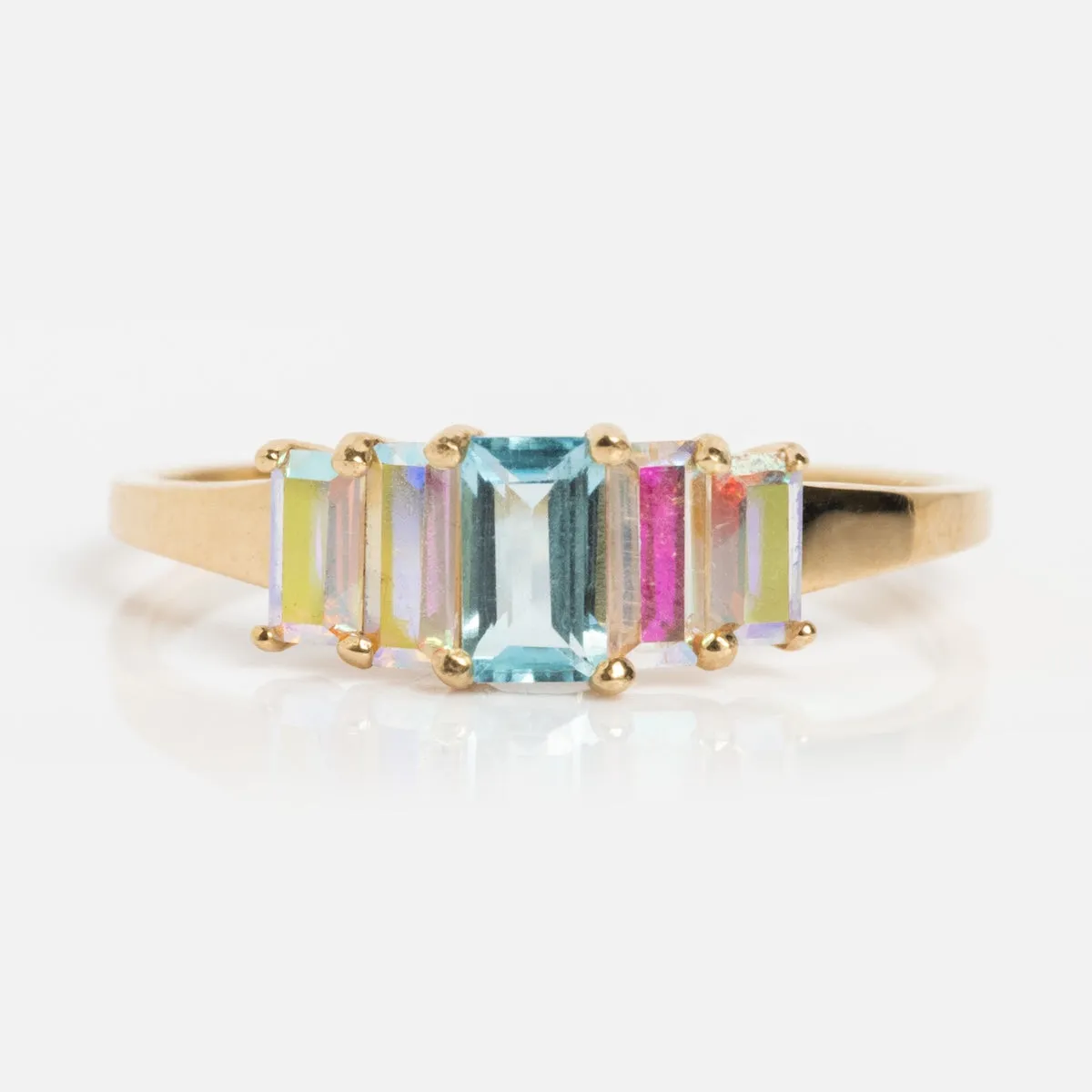 Solid Gold Aurora Angel Aura Quartz and Blue Topaz Ring