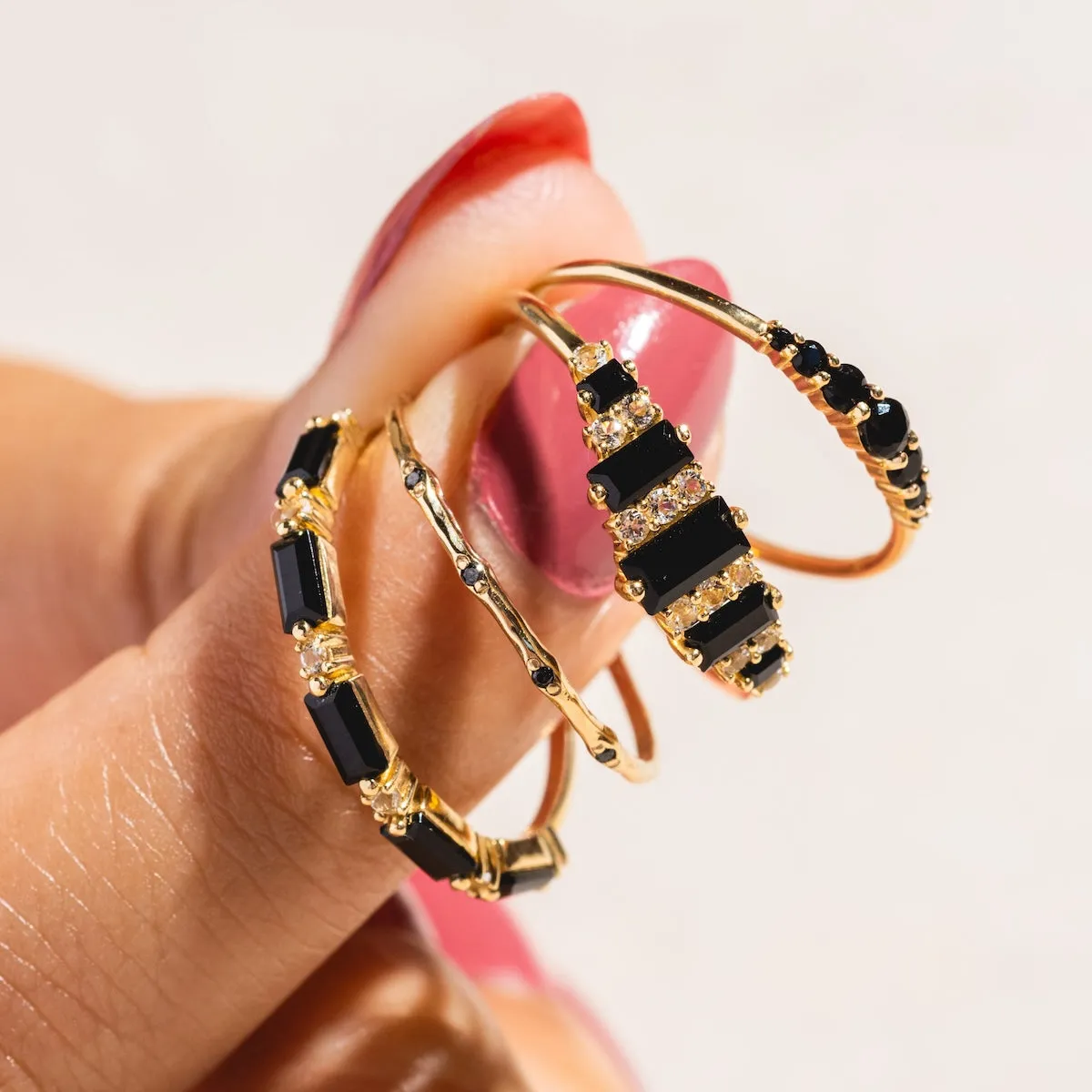 Solid Gold Black Agate Cascade Ring