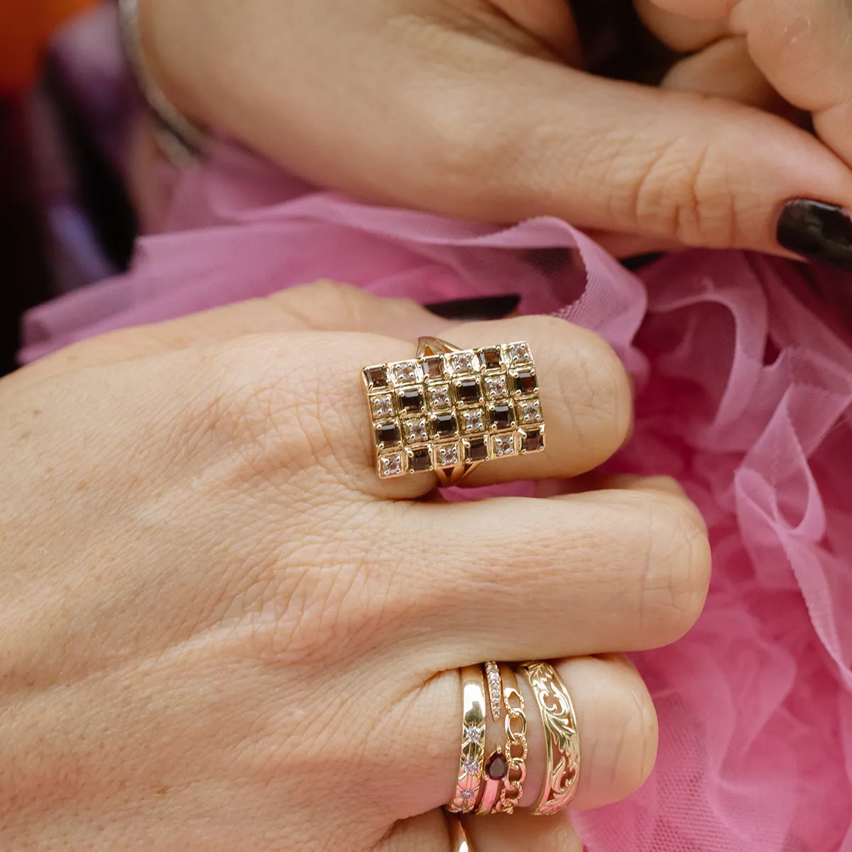 Solid Gold Checkerboard Gemstone Shield Ring