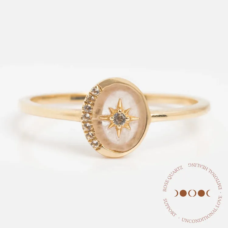 Solid Gold Crystal Crescent Moon Ring for Manifestation