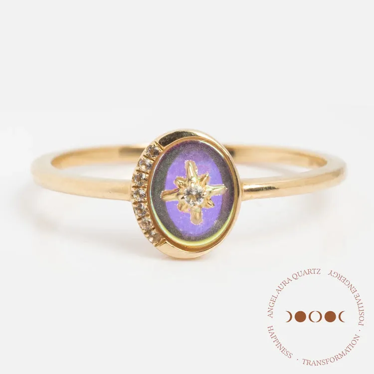 Solid Gold Crystal Crescent Moon Ring for Manifestation