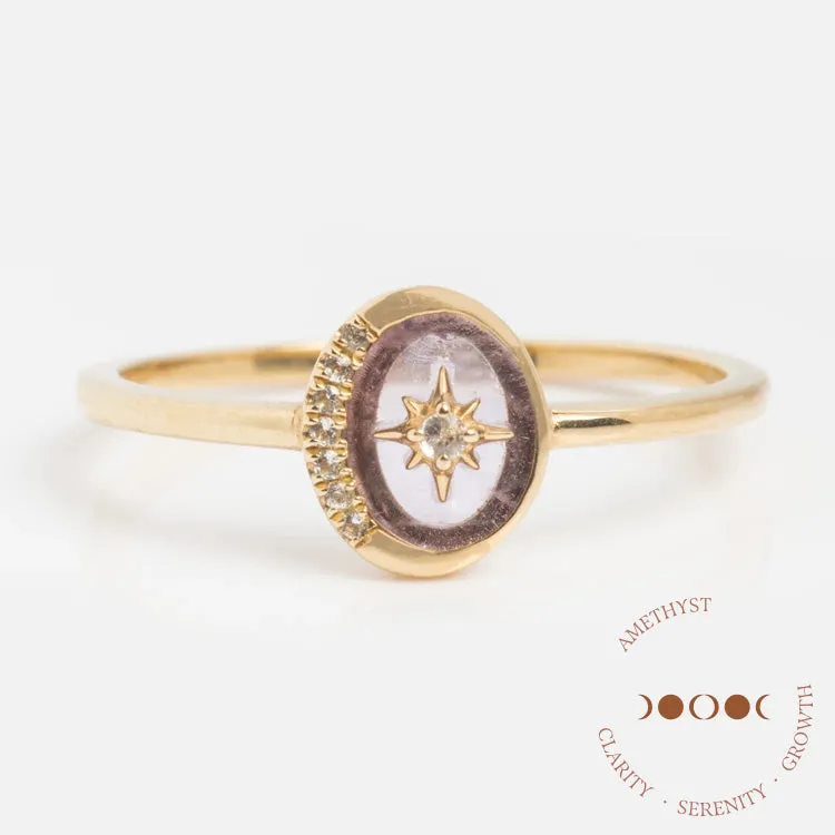 Solid Gold Crystal Crescent Moon Ring for Manifestation