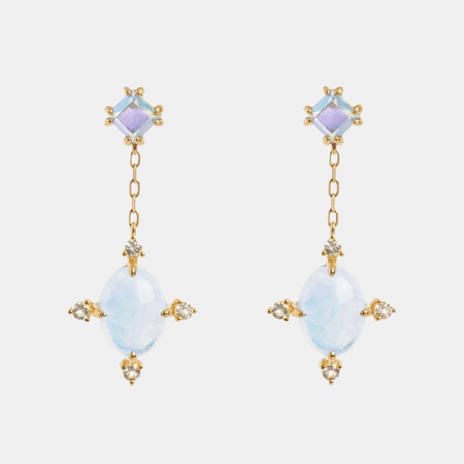 Solid Gold Crystal Ball Moonstone Drop Earrings