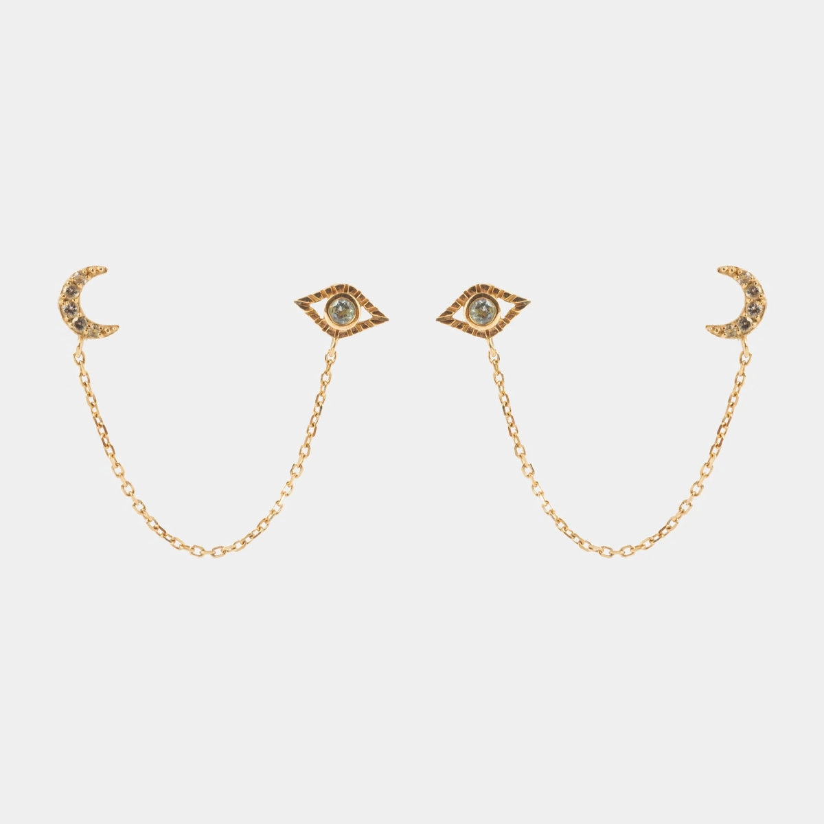 Solid Gold Evil Eye and Crescent Moon Double Piercing Studs