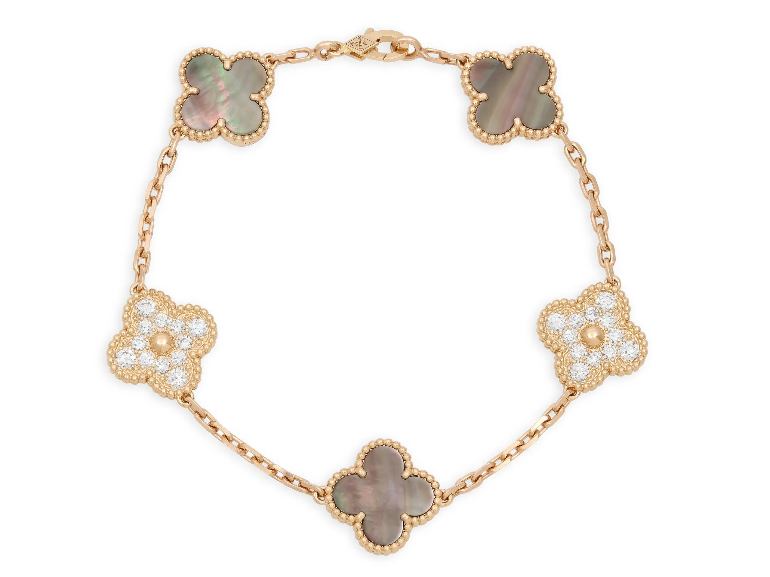 Van Cleef & Arpels 'Vintage Alhambra' Diamond and Mother-Of-Pearl Bracelet, 5 Motifs, in 18K Rose Gold