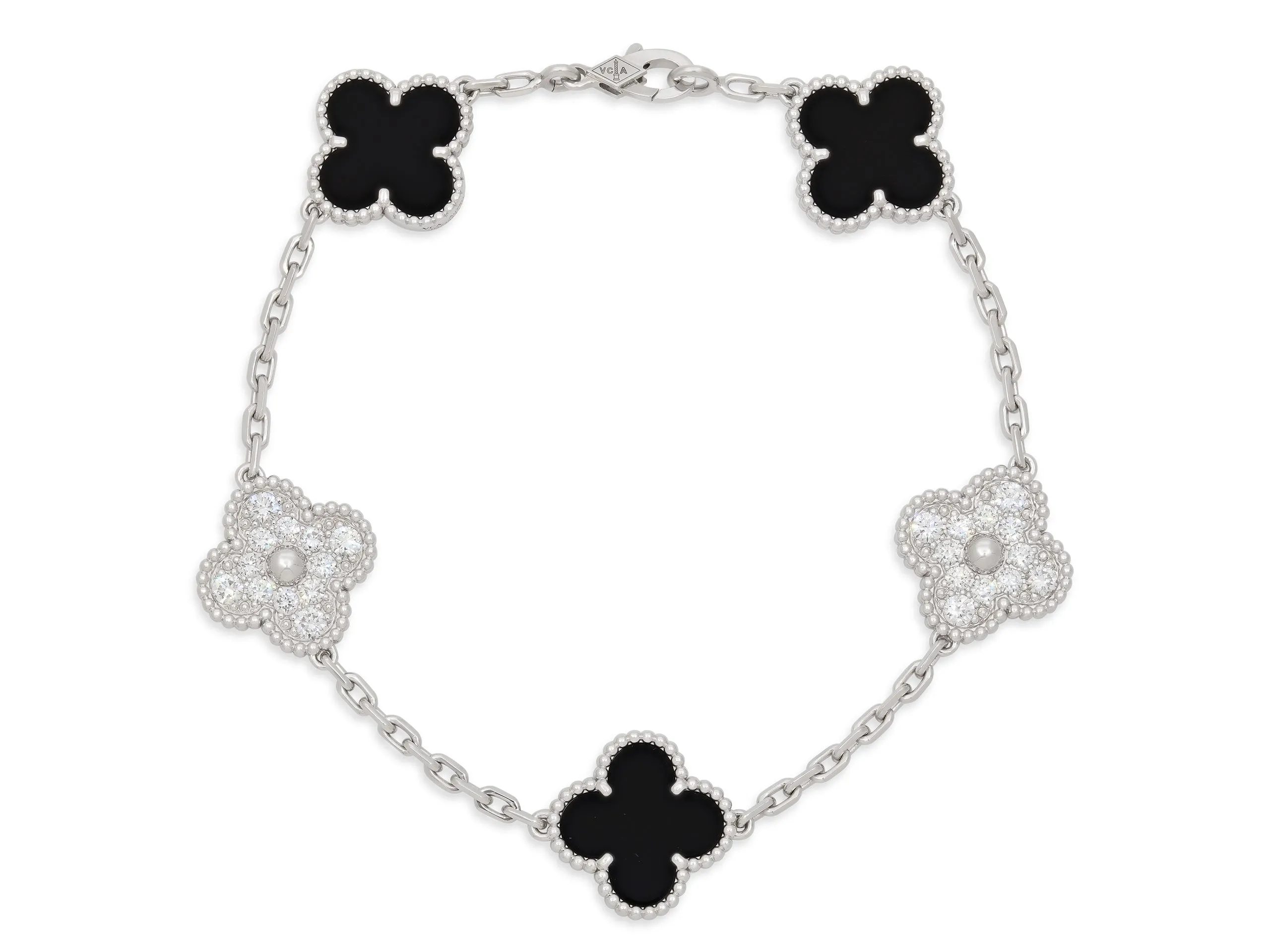 Van Cleef & Arpels 'Vintage Alhambra' Diamond and Onyx Bracelet, 5 Motifs, in 18K White Gold