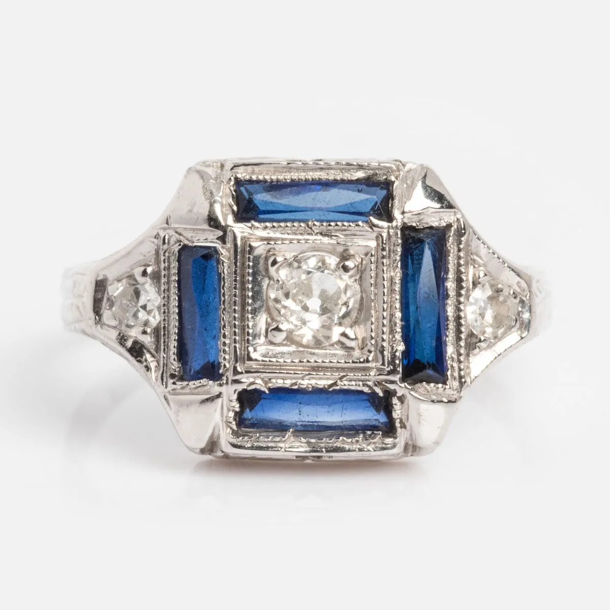 Vintage Belais 18k White Gold and Blue Sapphire Cocktail Ring Size 5.5