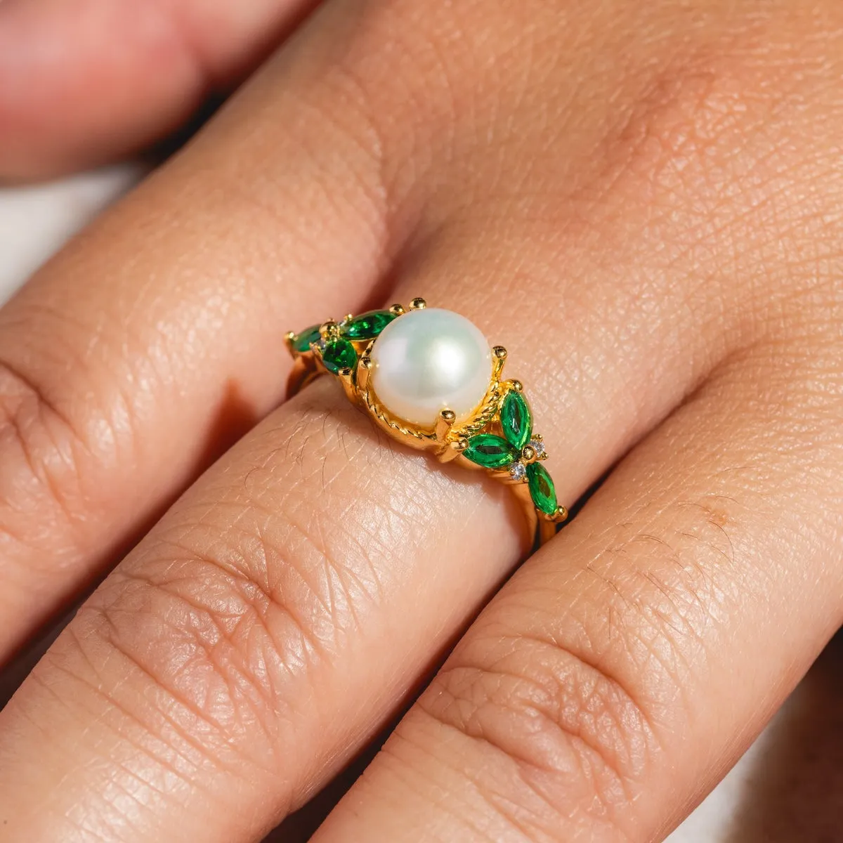 Vintage Inspired Green CZ and Pearl Statement Ring