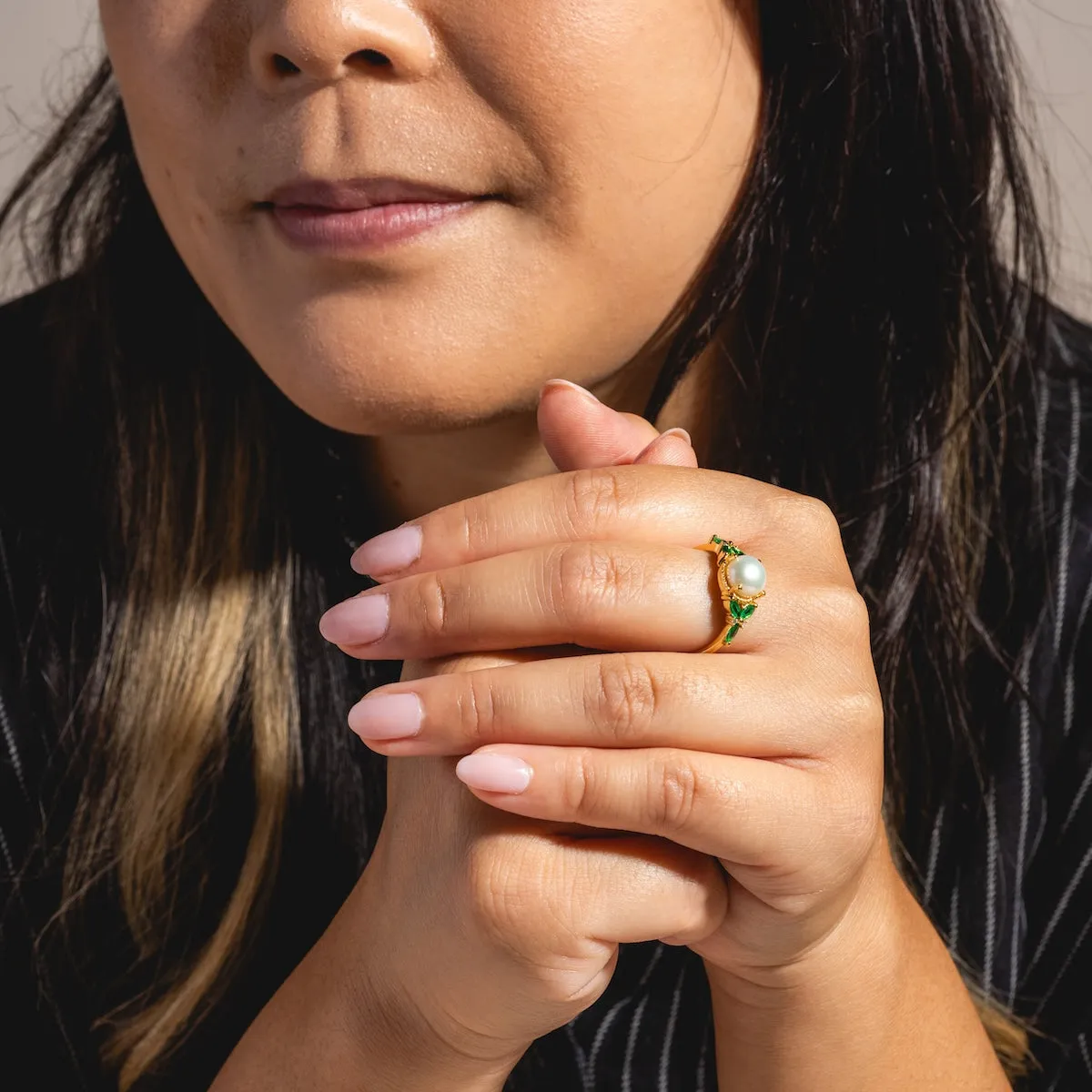 Vintage Inspired Green CZ and Pearl Statement Ring