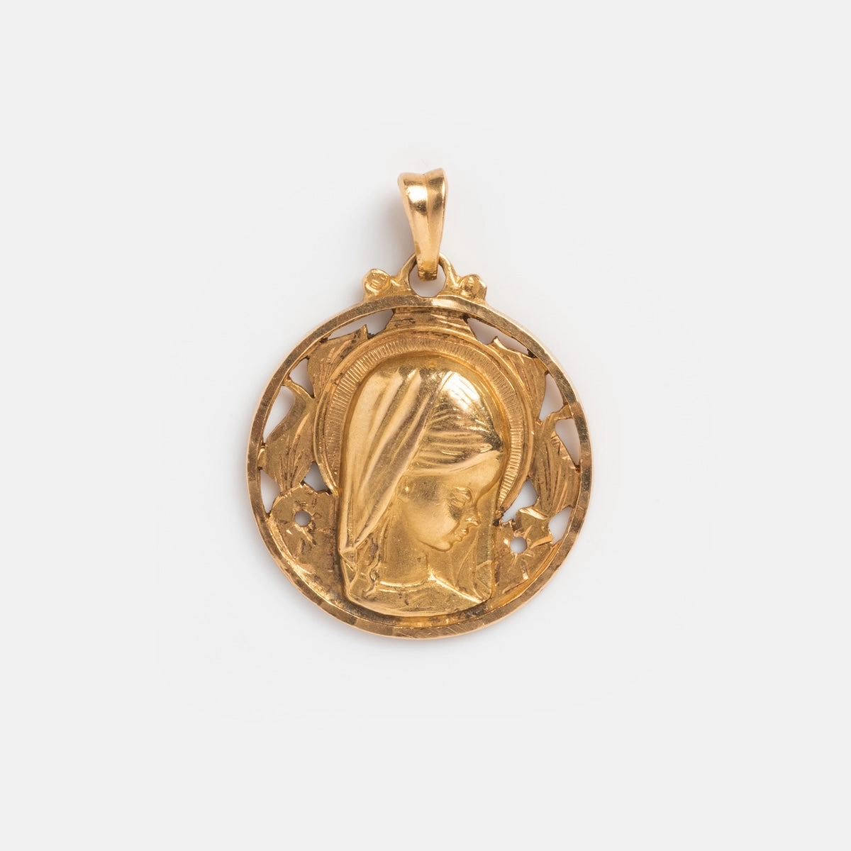 Vintage 18k Openwork Mother Mary Coin Charm