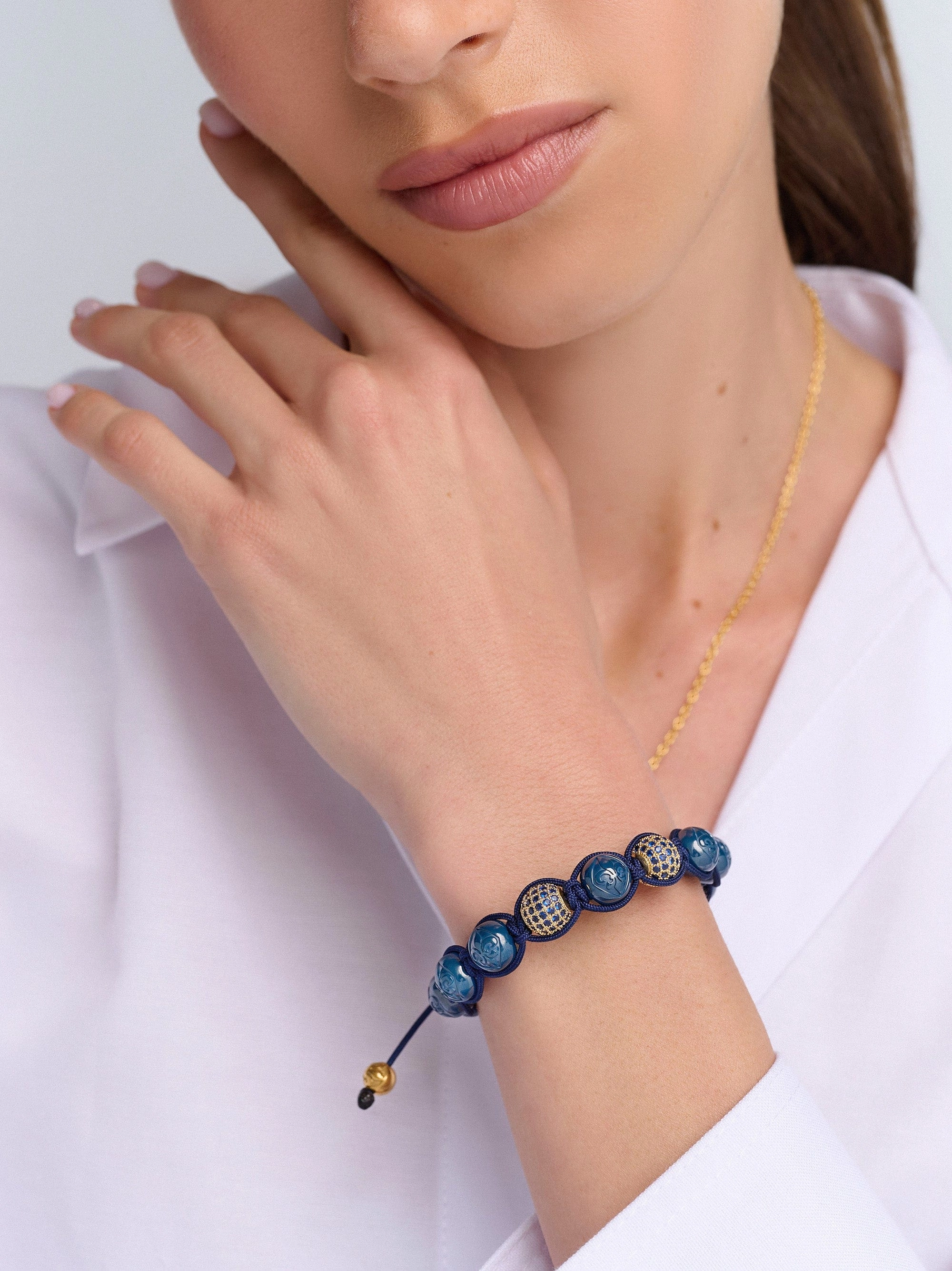 Women's Beaded Bracelet with Blue Ceramic and Gold CZ Beads