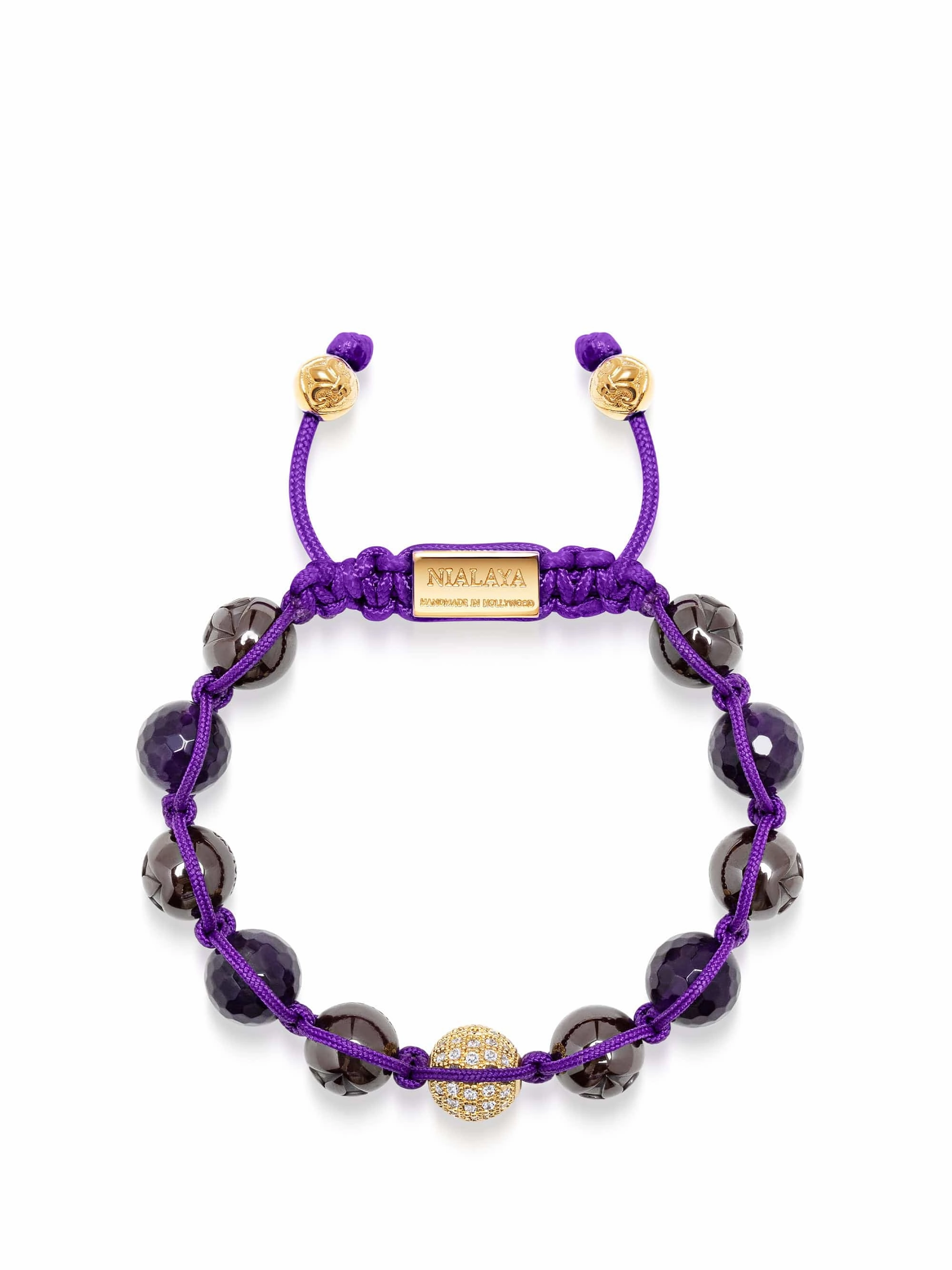 Women's Beaded Bracelet with Faceted Amethyst, Burgundy Ceramic and Gold CZ