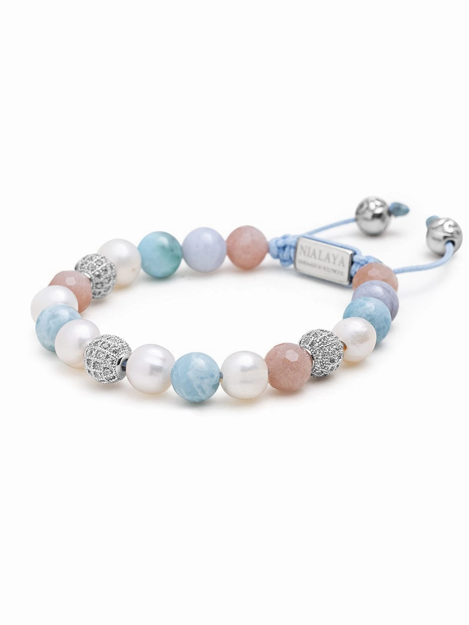 Women's Beaded Bracelet with Larimar, Pearl, Blue Lace Agate and Pink Aventurine
