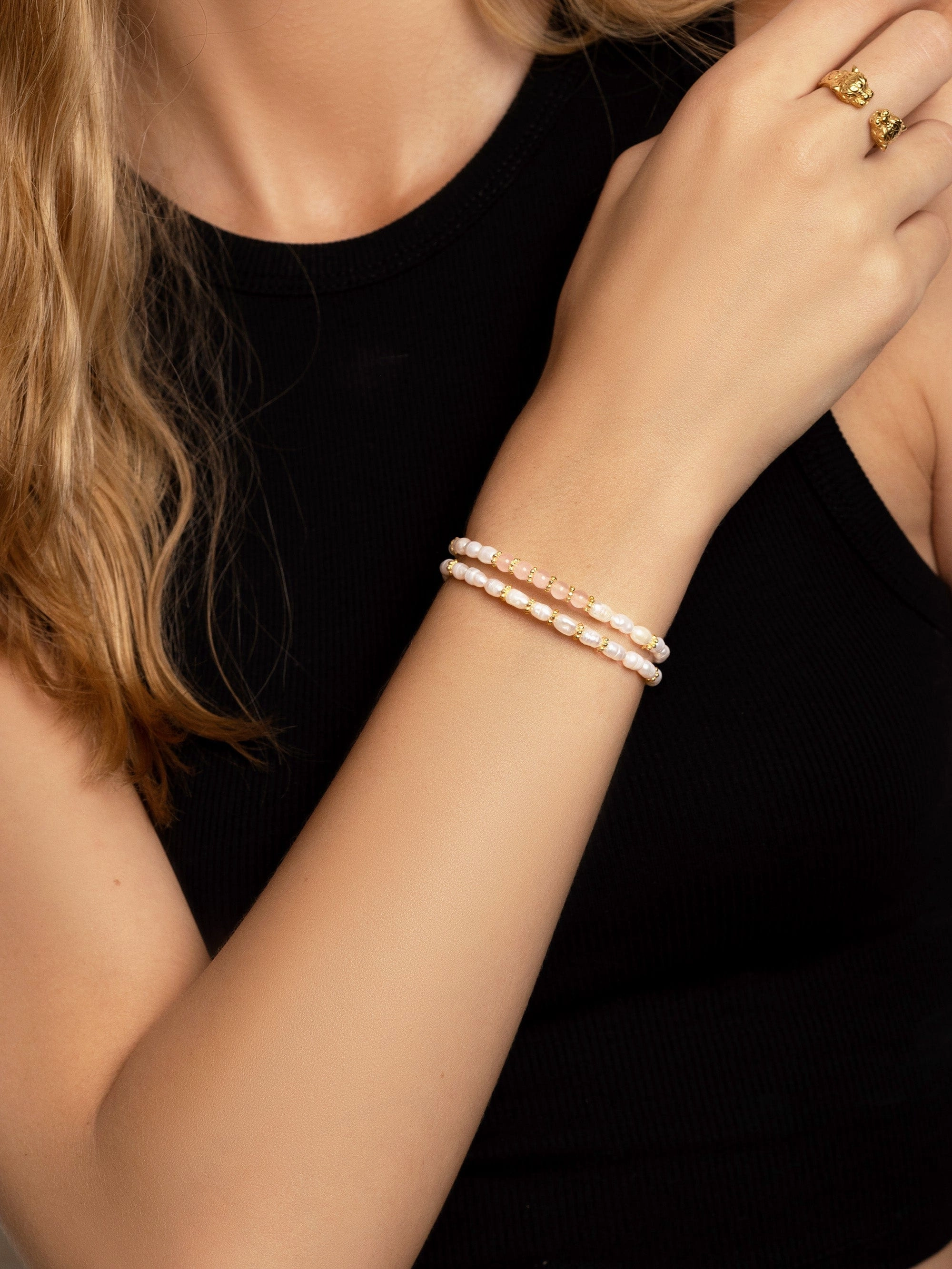Women's Beaded Bracelet with Pearl and Pink Opal