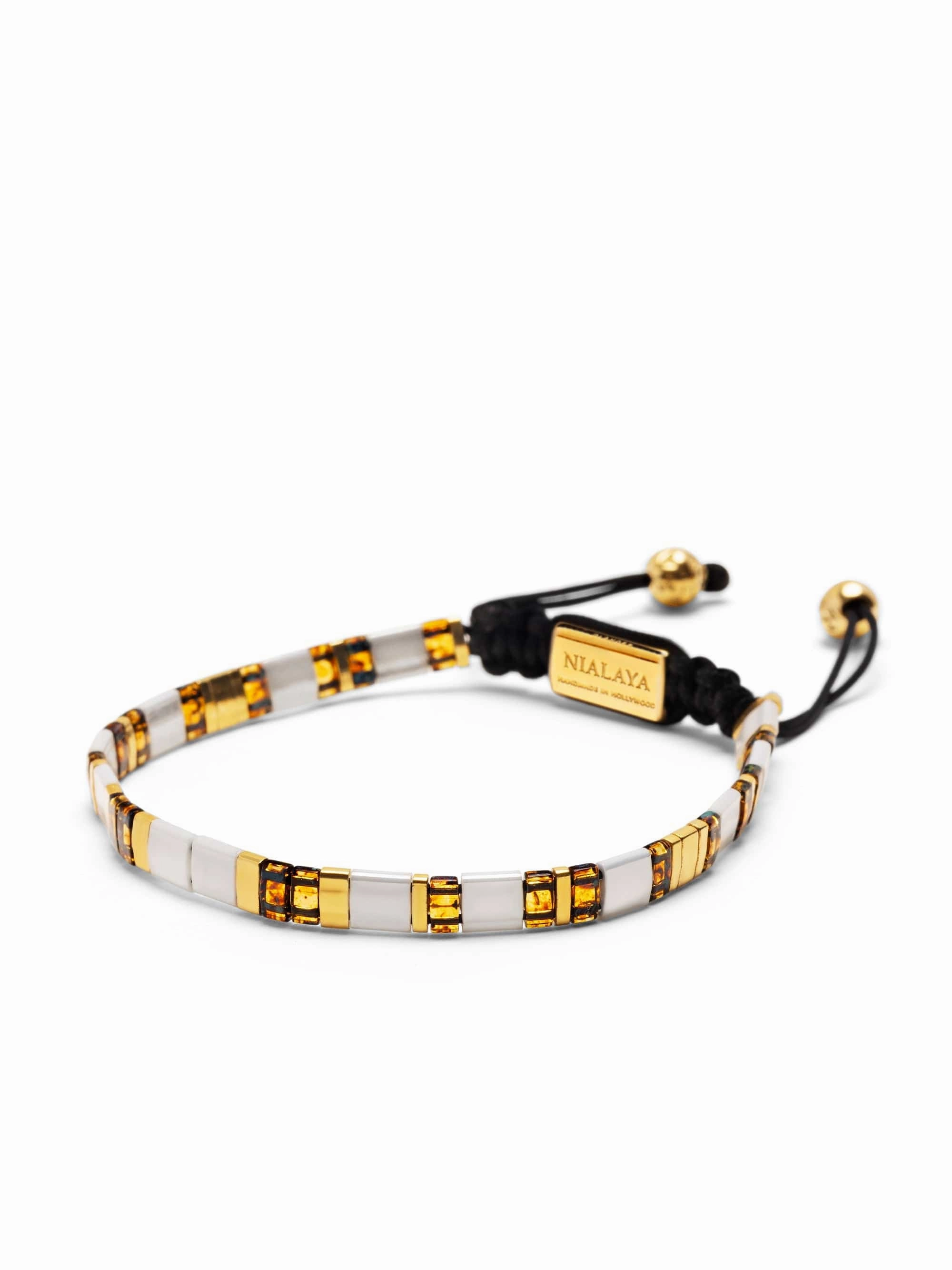Women's Bracelet with White, Marbled Amber and Gold Miyuki Tila Beads