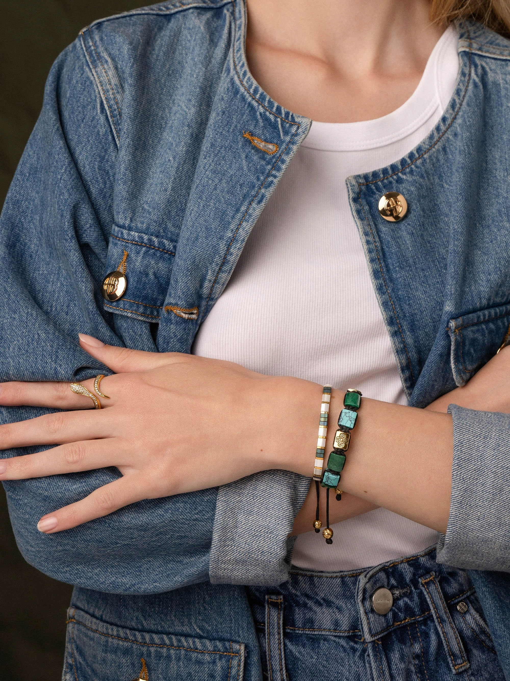 Women's Bracelet with White, Patina Green and Gold Miyuki Tila Beads