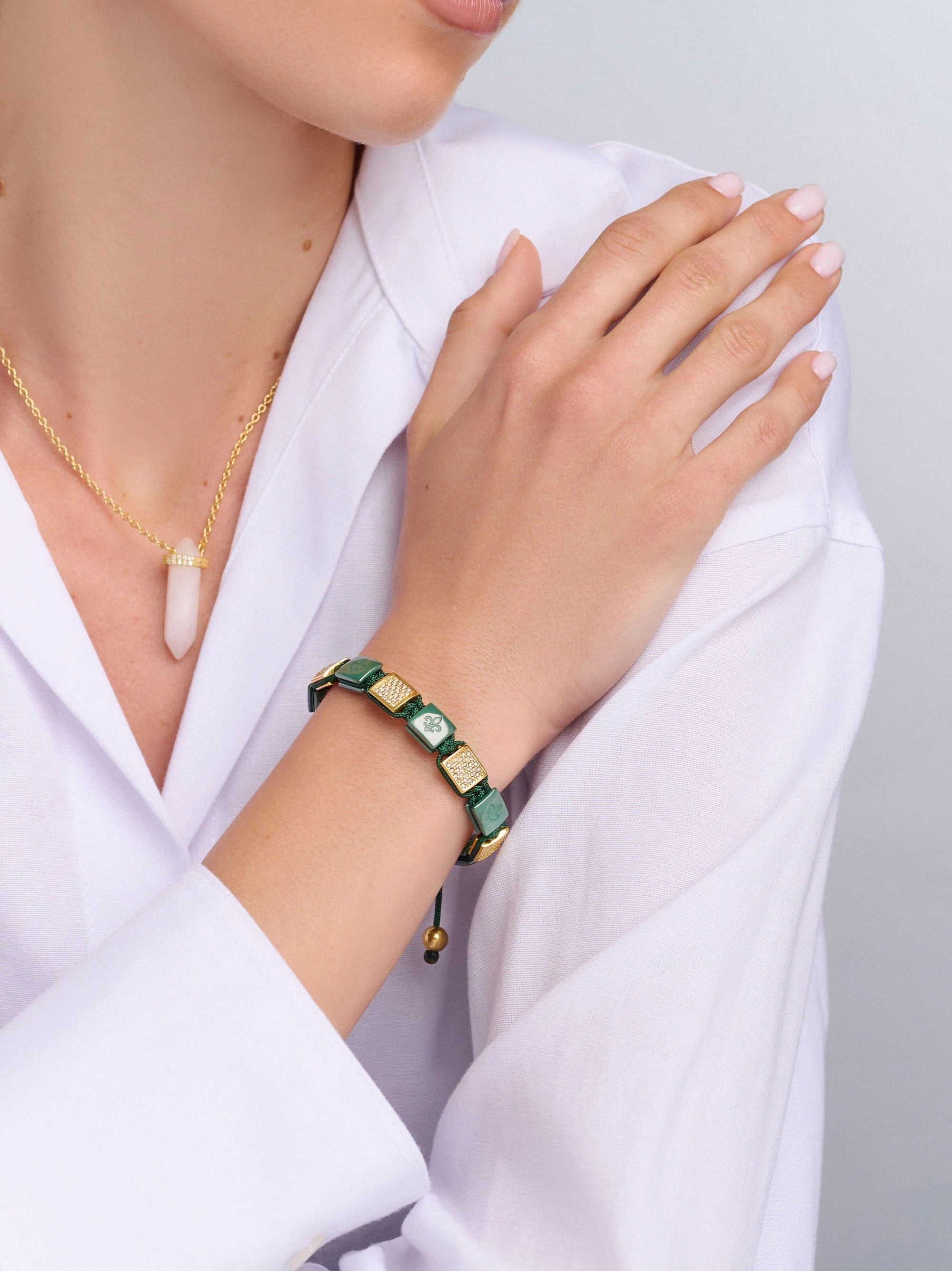 Women's Dark Green Ceramic Flatbead Bracelet with Gold CZ