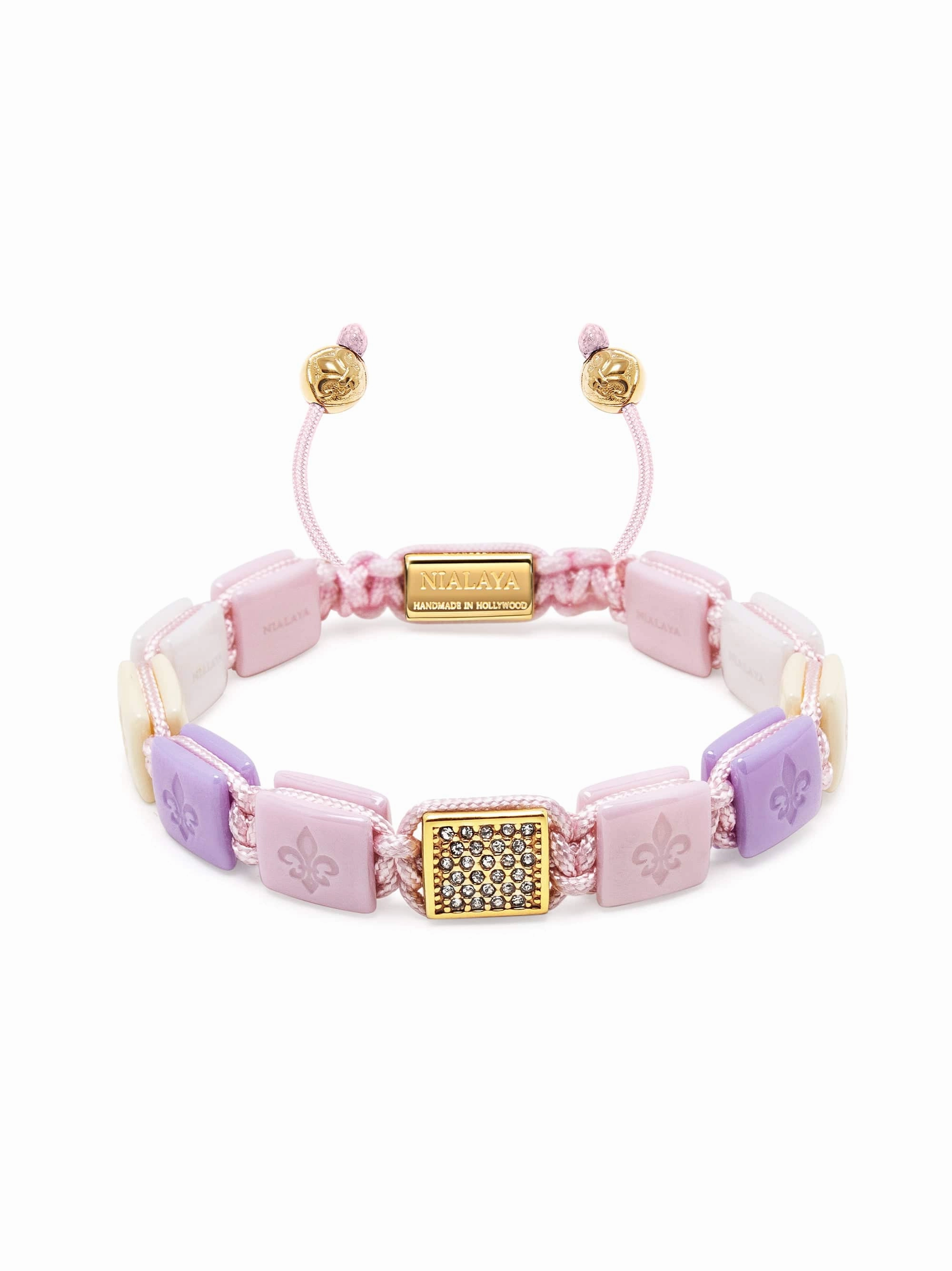 Women's White, Cream, Soft Pink & Lavender Ceramic Flatbead Bracelet with Gold CZ
