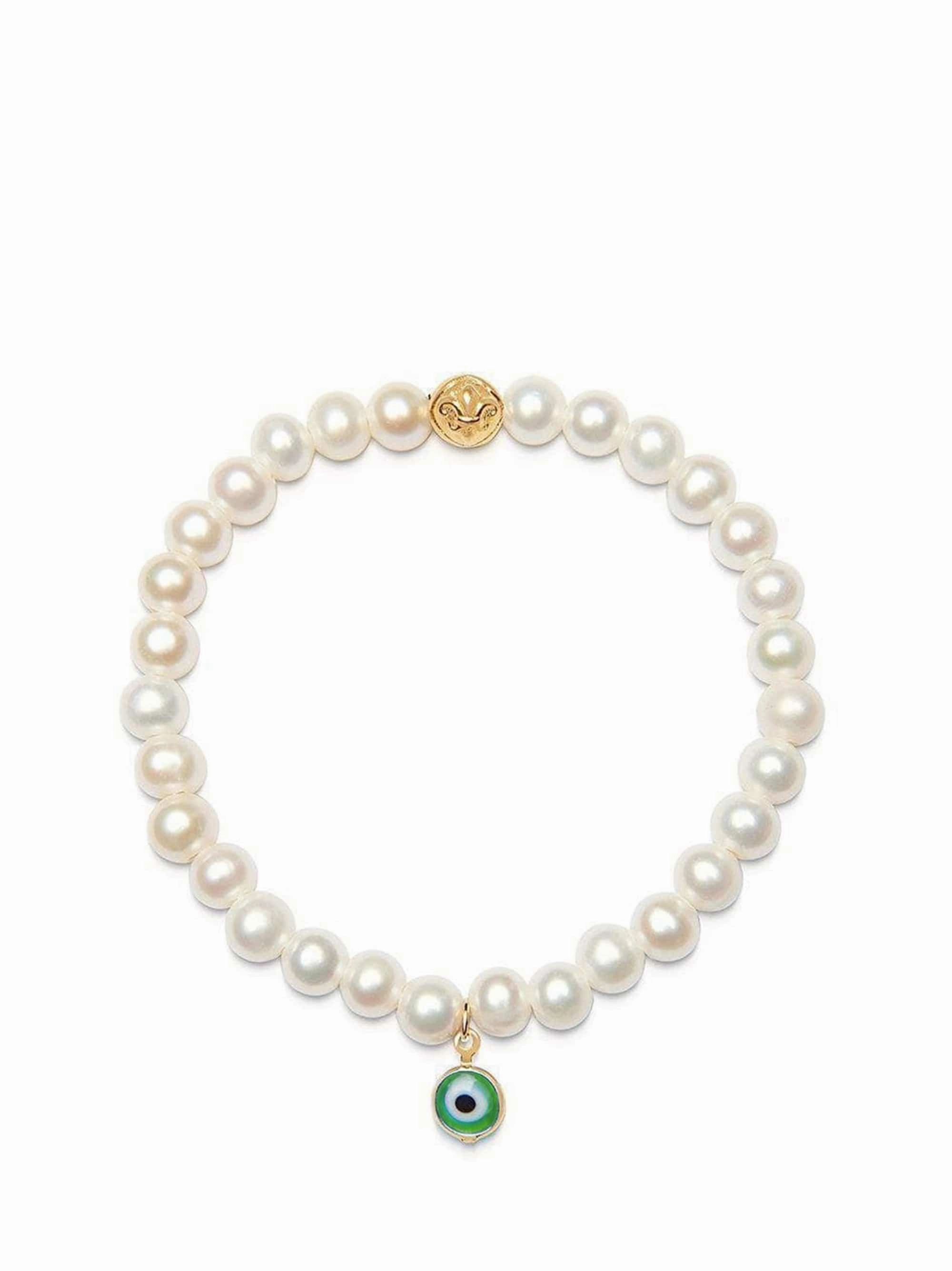 Wristband with White Pearls and Green Evil Eye Charm