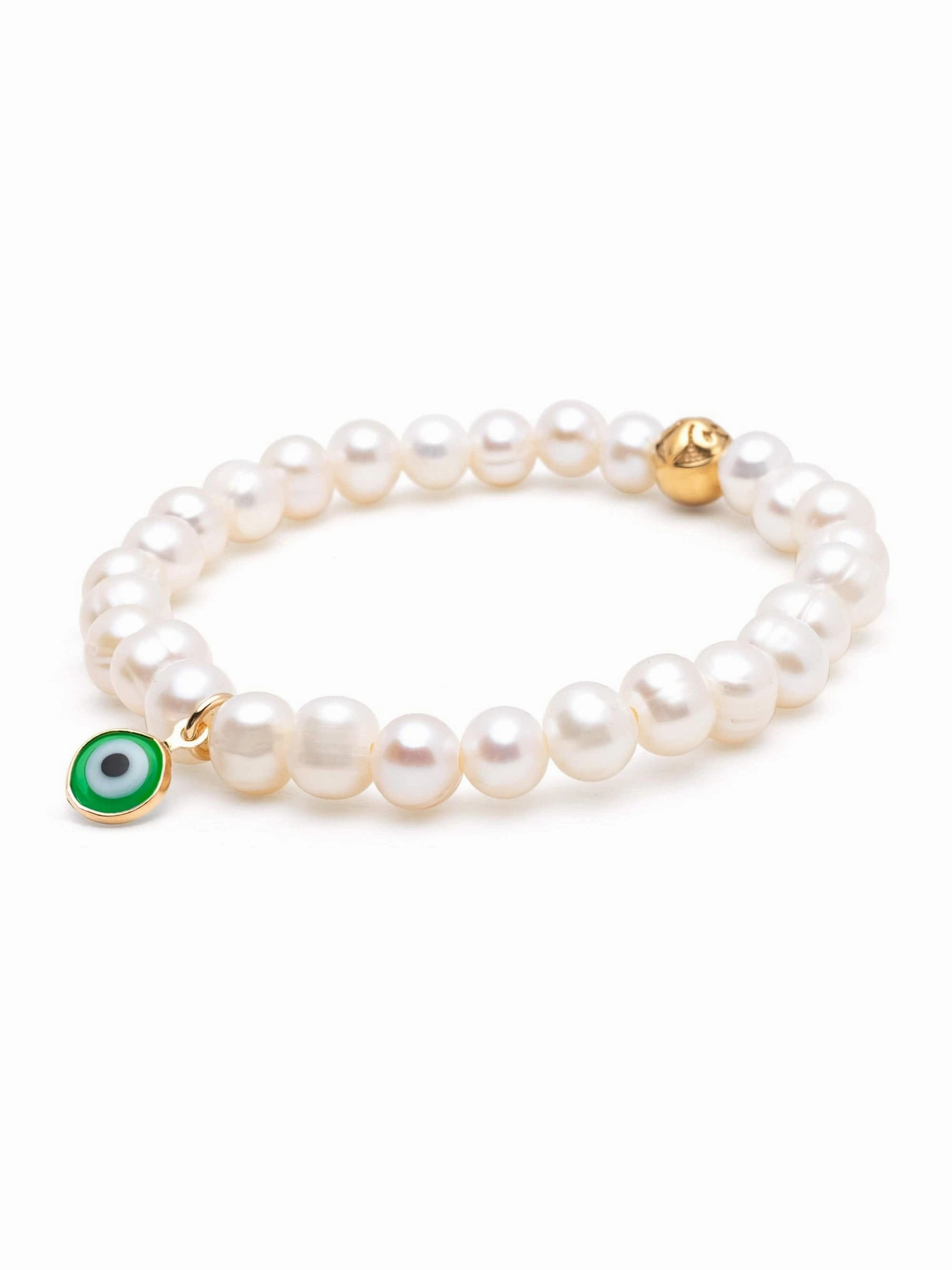 Wristband with White Pearls and Green Evil Eye Charm